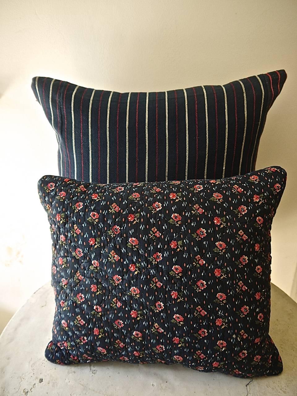 19th Century Pink Flowers Indigo Block Printed Cotton Pillow French Antique