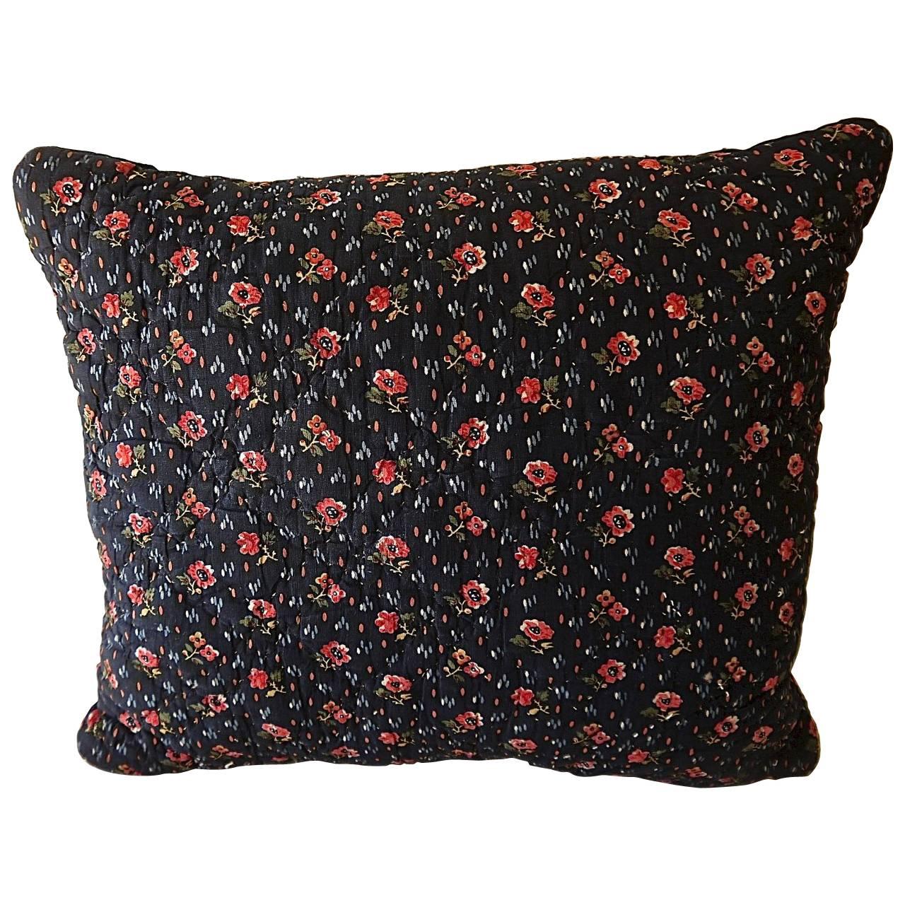 Pink Flowers Indigo Block Printed Cotton Pillow French Antique