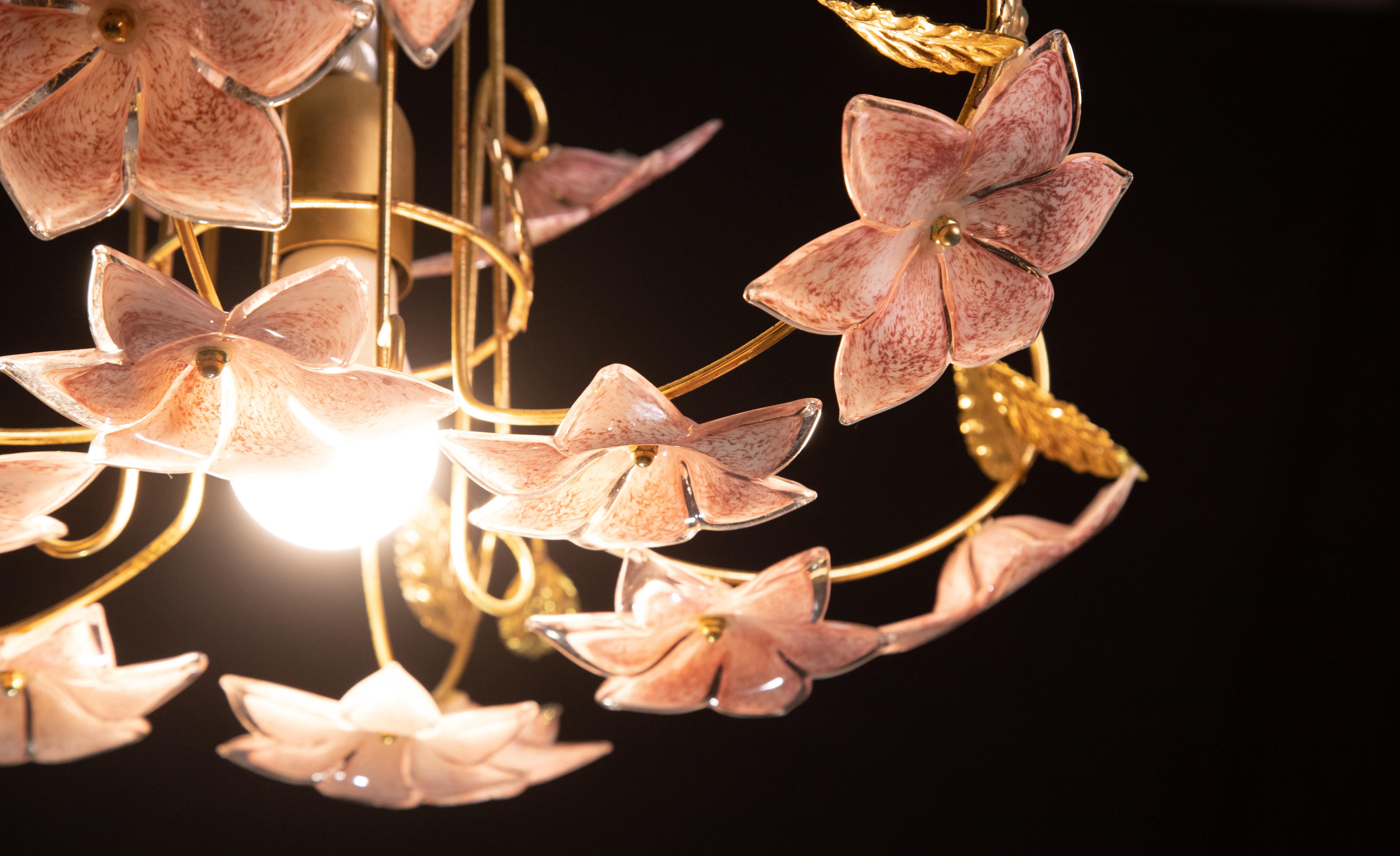 Art Glass Pink Flowers Murano Chandelier, 1970s For Sale