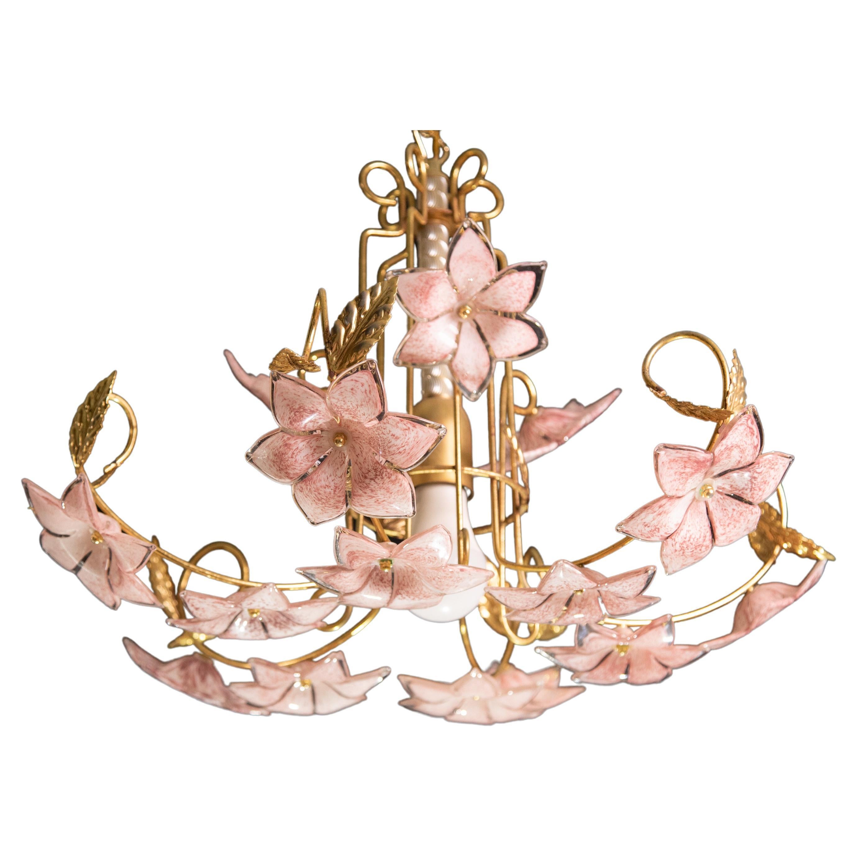 Pink Flowers Murano Chandelier, 1970s For Sale