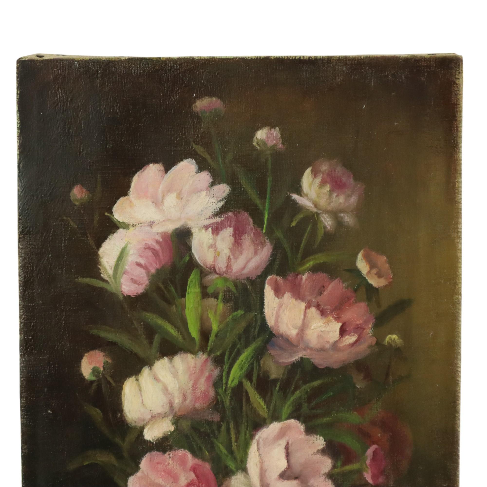 Vintage flower still life, painting of colorful flowers in a dark vase, painted in classical style, signed lower right, second half 2nd century.

Charming, decorative and affordable painting for those who still want to bring a touch of art and color
