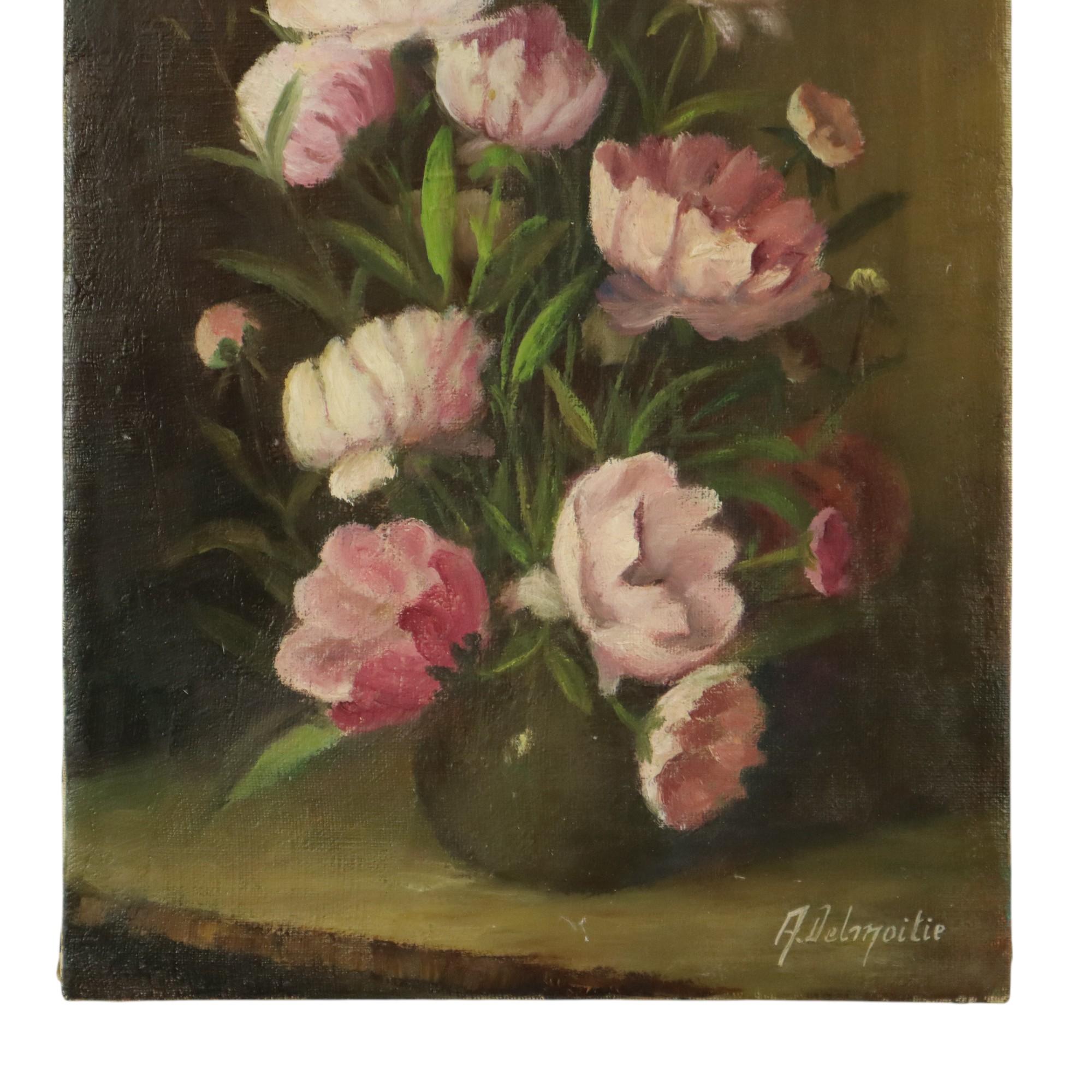 Belgian Pink Flowers Still Life Colorful Painting Signed 35x25cm For Sale