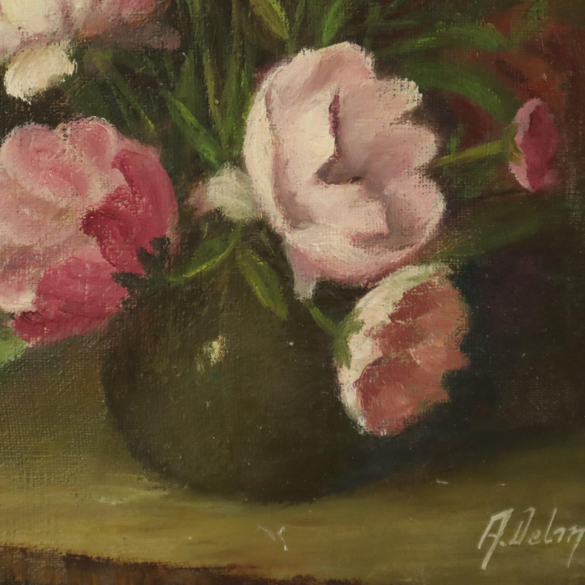 Pink Flowers Still Life Colorful Painting Signed 35x25cm In Good Condition For Sale In Poperinge, BE