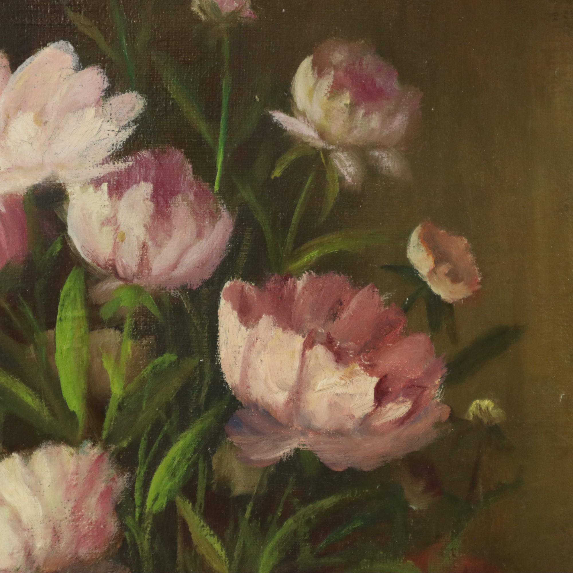 20th Century Pink Flowers Still Life Colorful Painting Signed 35x25cm For Sale