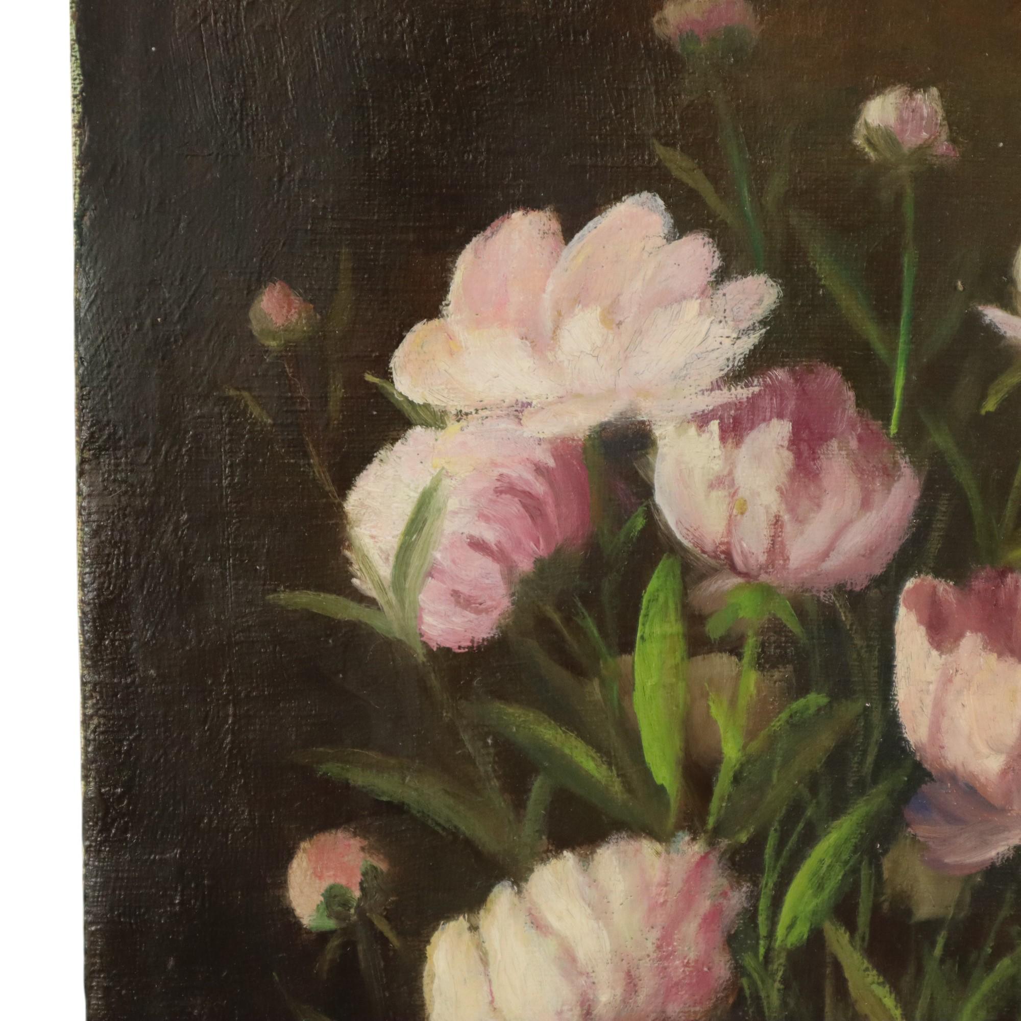 Canvas Pink Flowers Still Life Colorful Painting Signed 35x25cm For Sale