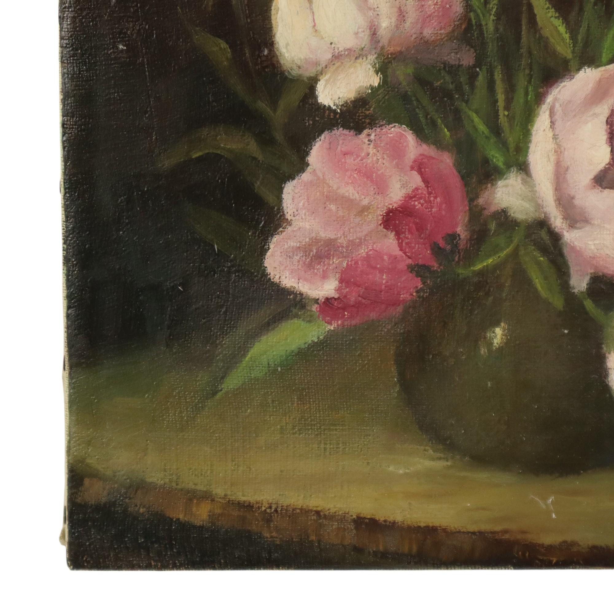 Pink Flowers Still Life Colorful Painting Signed 35x25cm For Sale 1