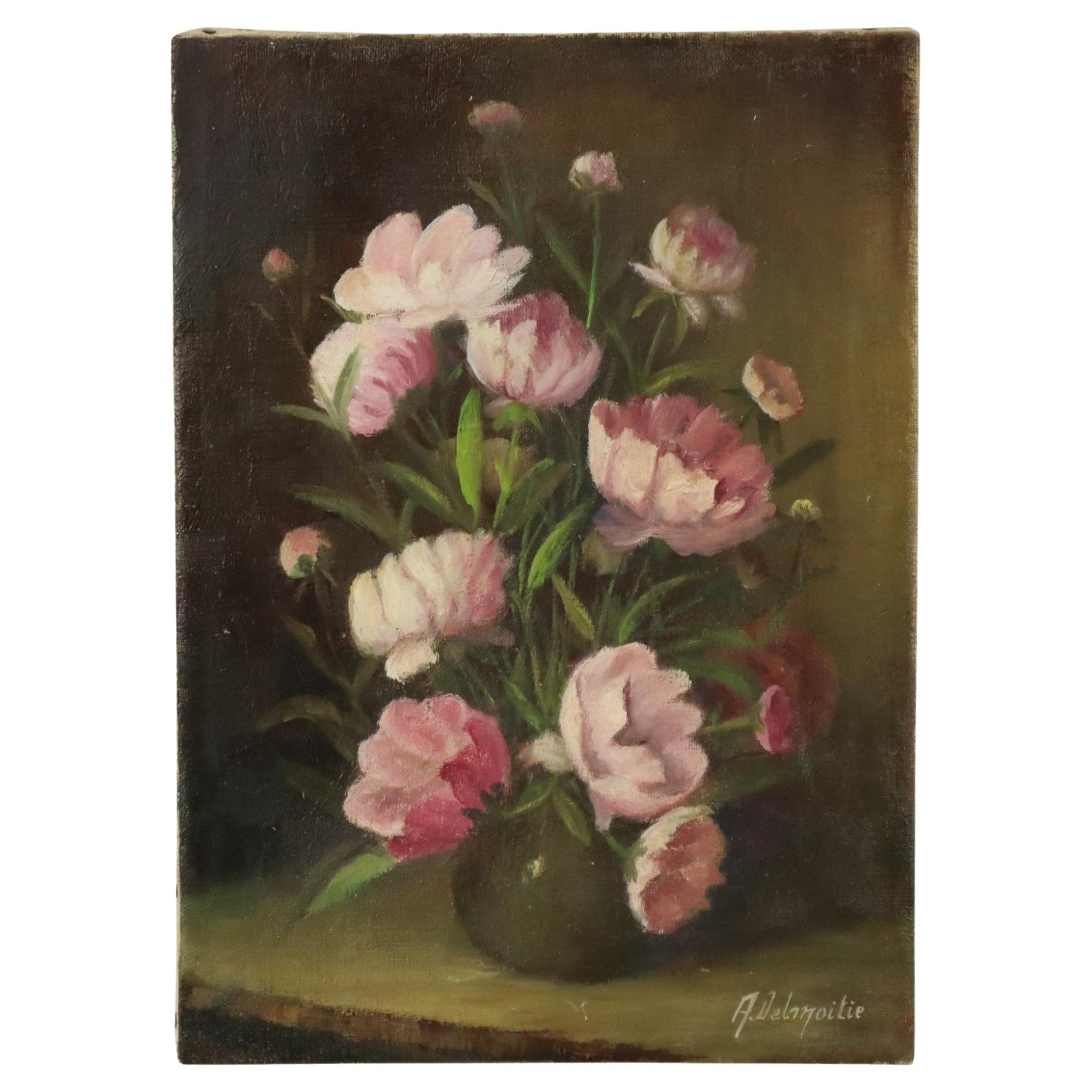 Pink Flowers Still Life Colorful Painting Signed 35x25cm For Sale