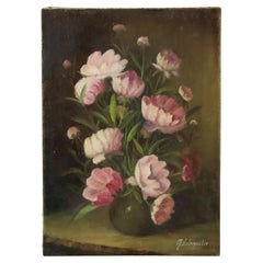 Pink Flowers Still Life Colorful Painting Signed 35x25cm