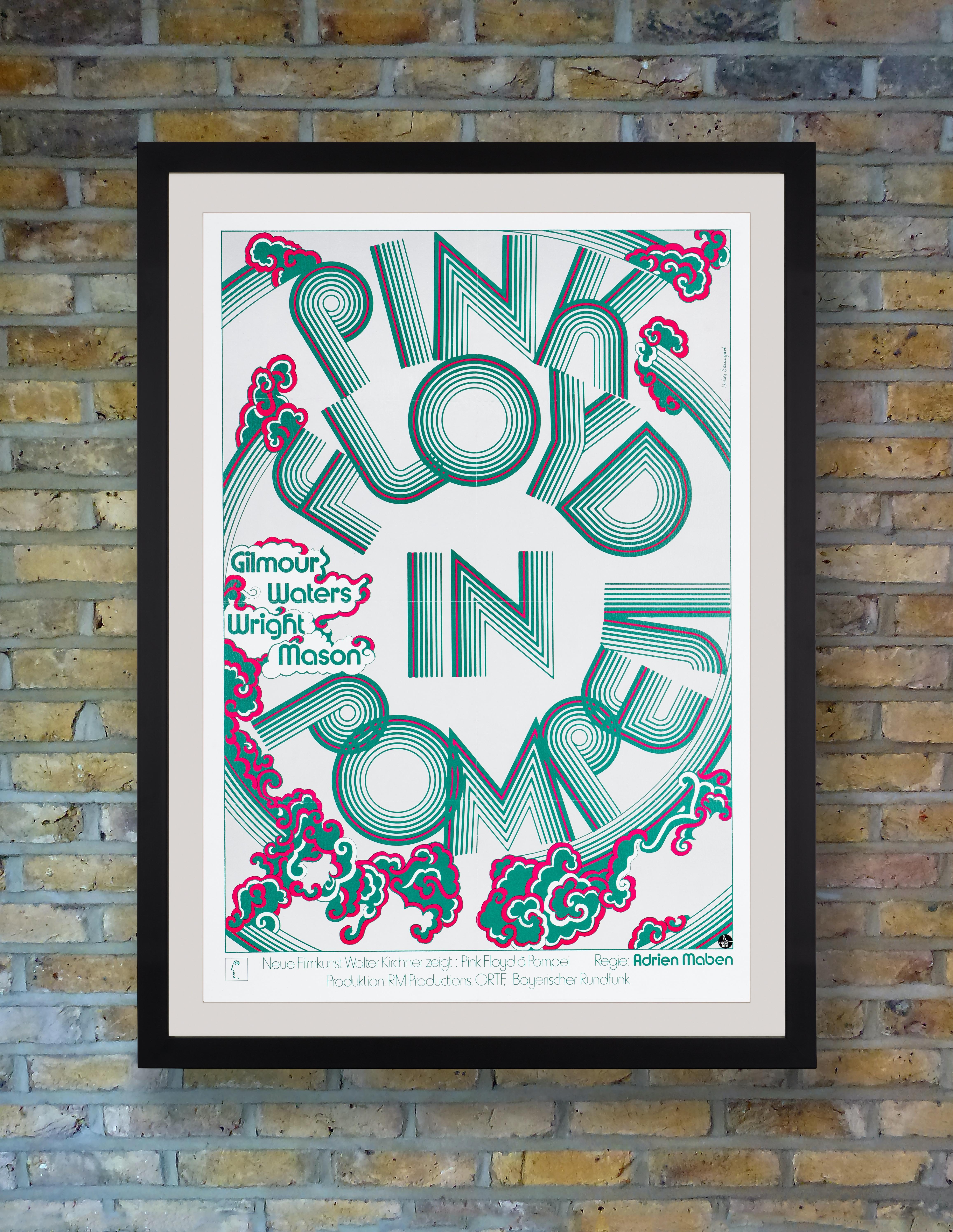 Art Deco meets psychedelia on this stunning pink and green poster by Isolde Baumgart for the original German release of Pink Floyd’s legendary 1972 concert documentary film ‘Pink Floyd: Live at Pompeii.’ One of the chief designers employed by the