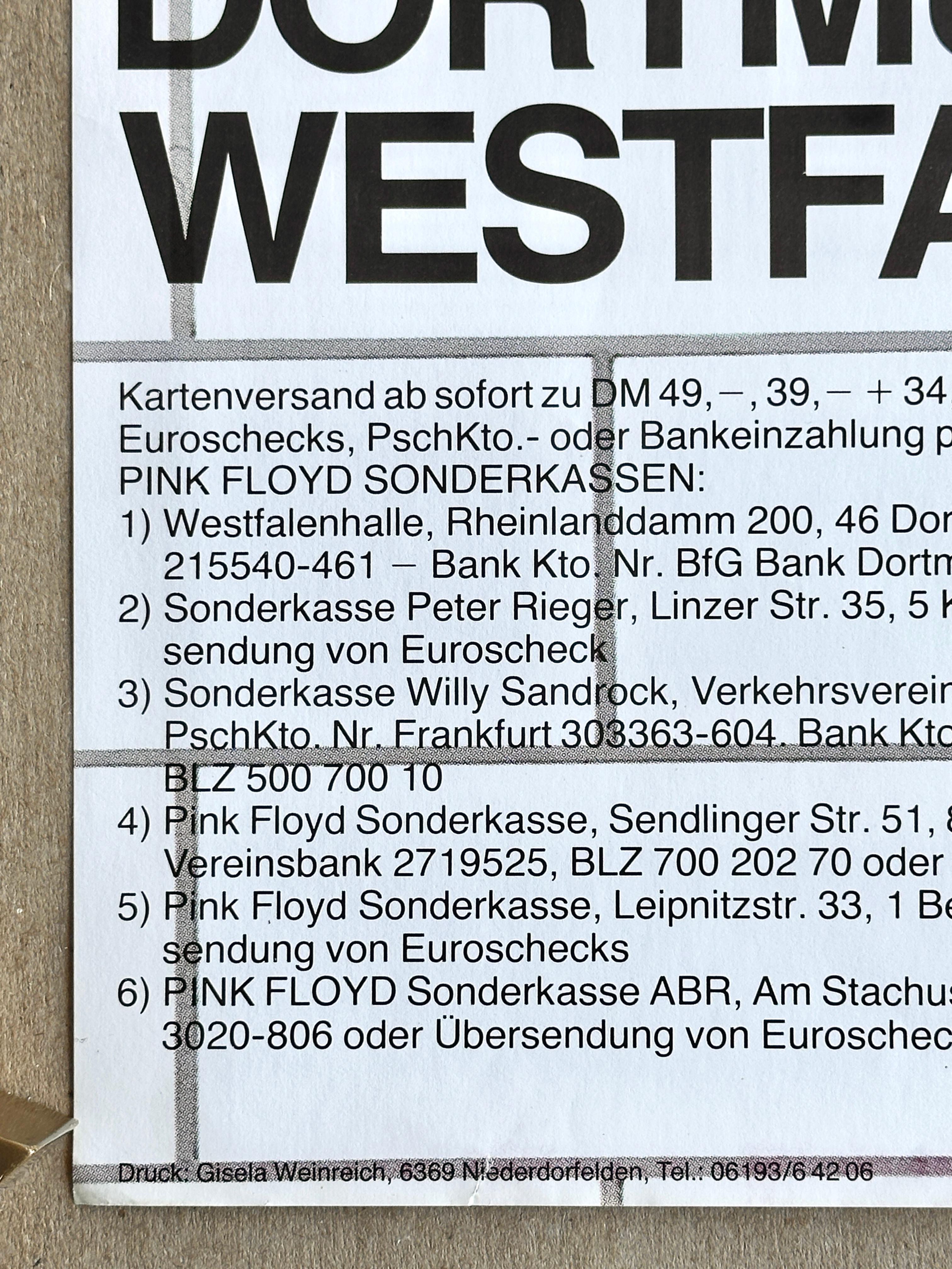 Poster originale del tour dei Pink Floyd 'The Wall' per Dortmund, Germania, 1981 in vendita 1