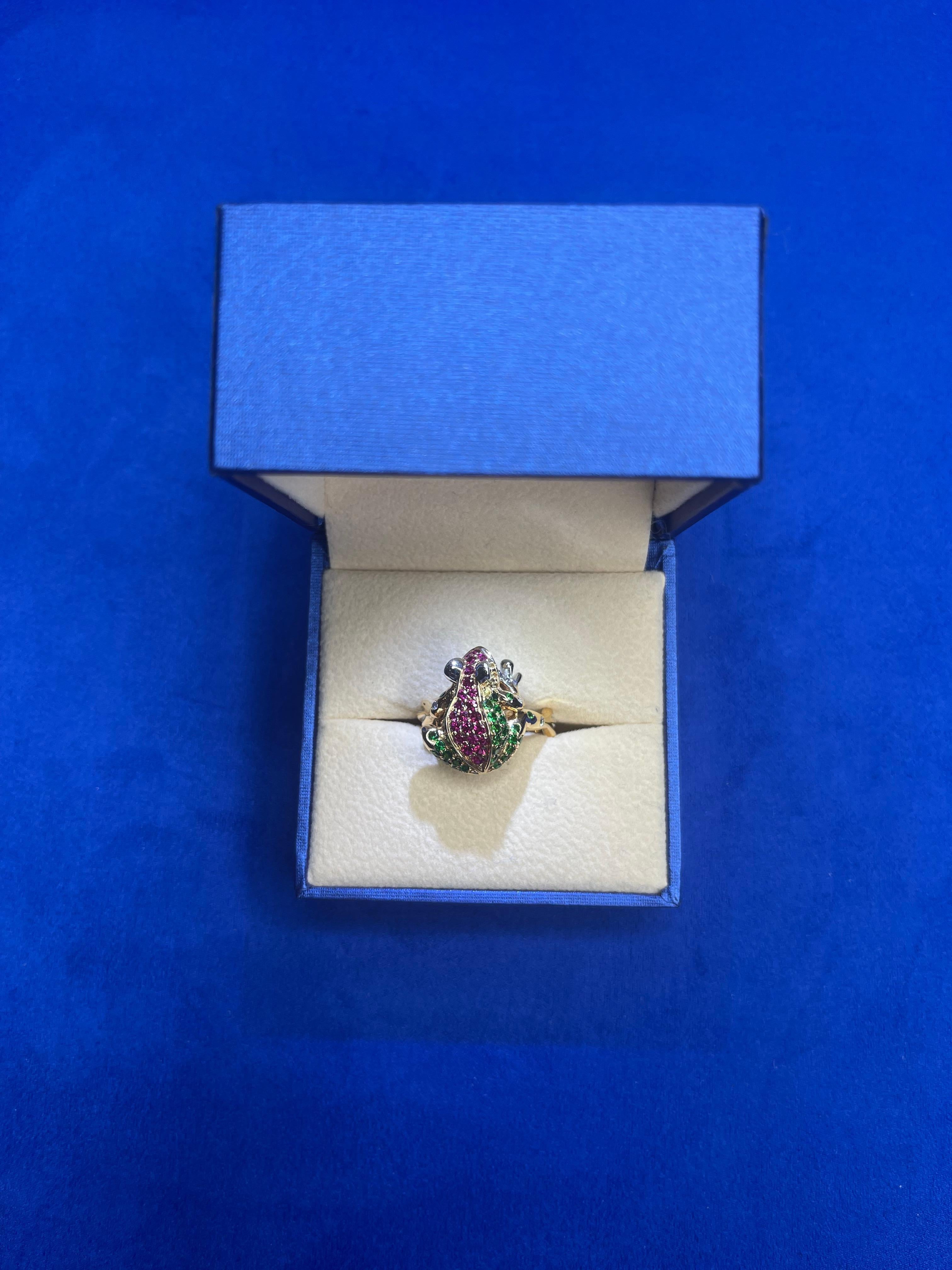 Diamond Ruby Green Tsavorite Lucky Frog Unique Animal Nature Fun Rose Gold Ring For Sale 2