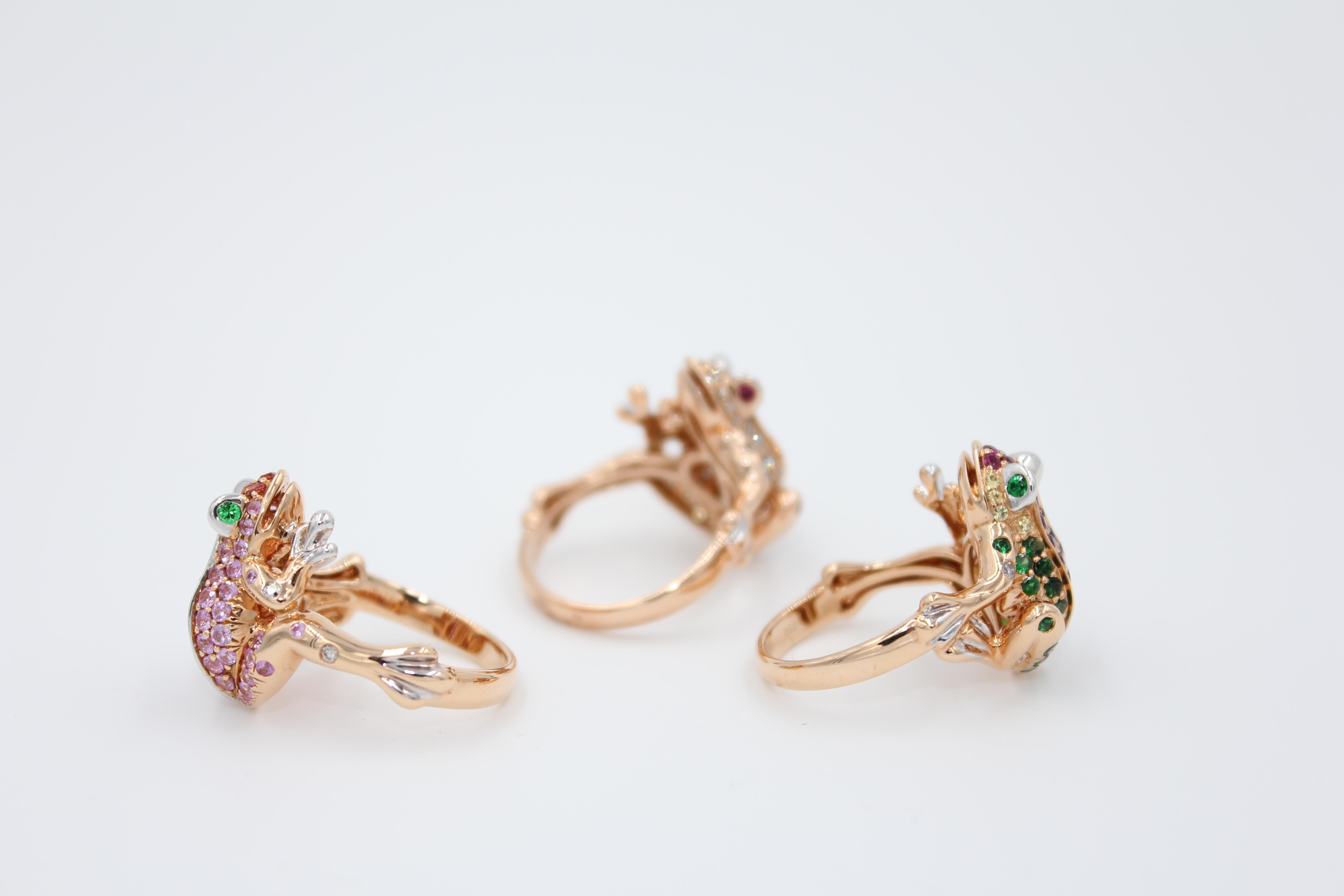 Bague en or rose « Lucky Frog » avec diamants, rubis et tsavorite verte, animal nature amusant en vente 12