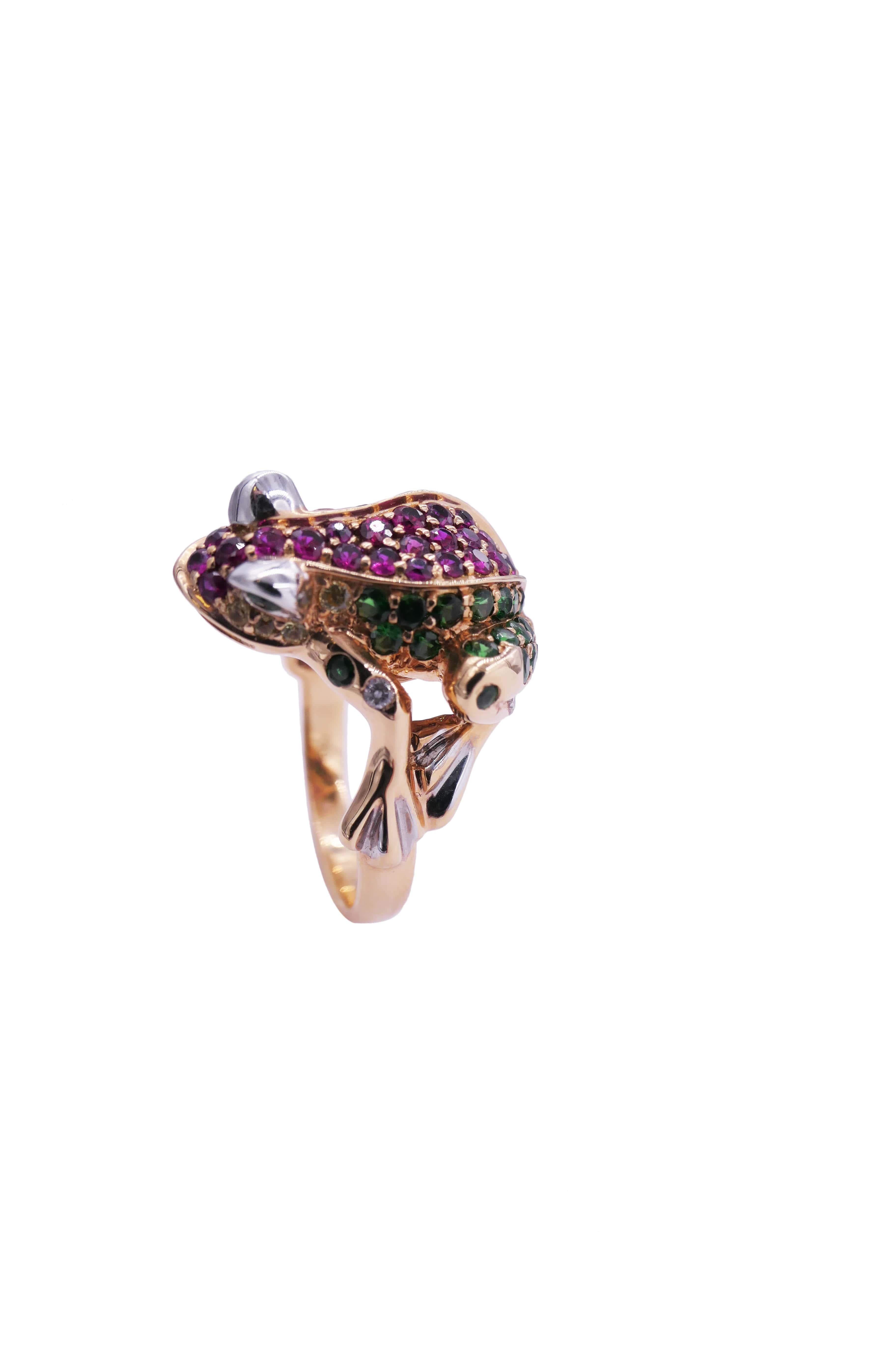 Women's or Men's Diamond Ruby Green Tsavorite Lucky Frog Unique Animal Nature Fun Rose Gold Ring For Sale