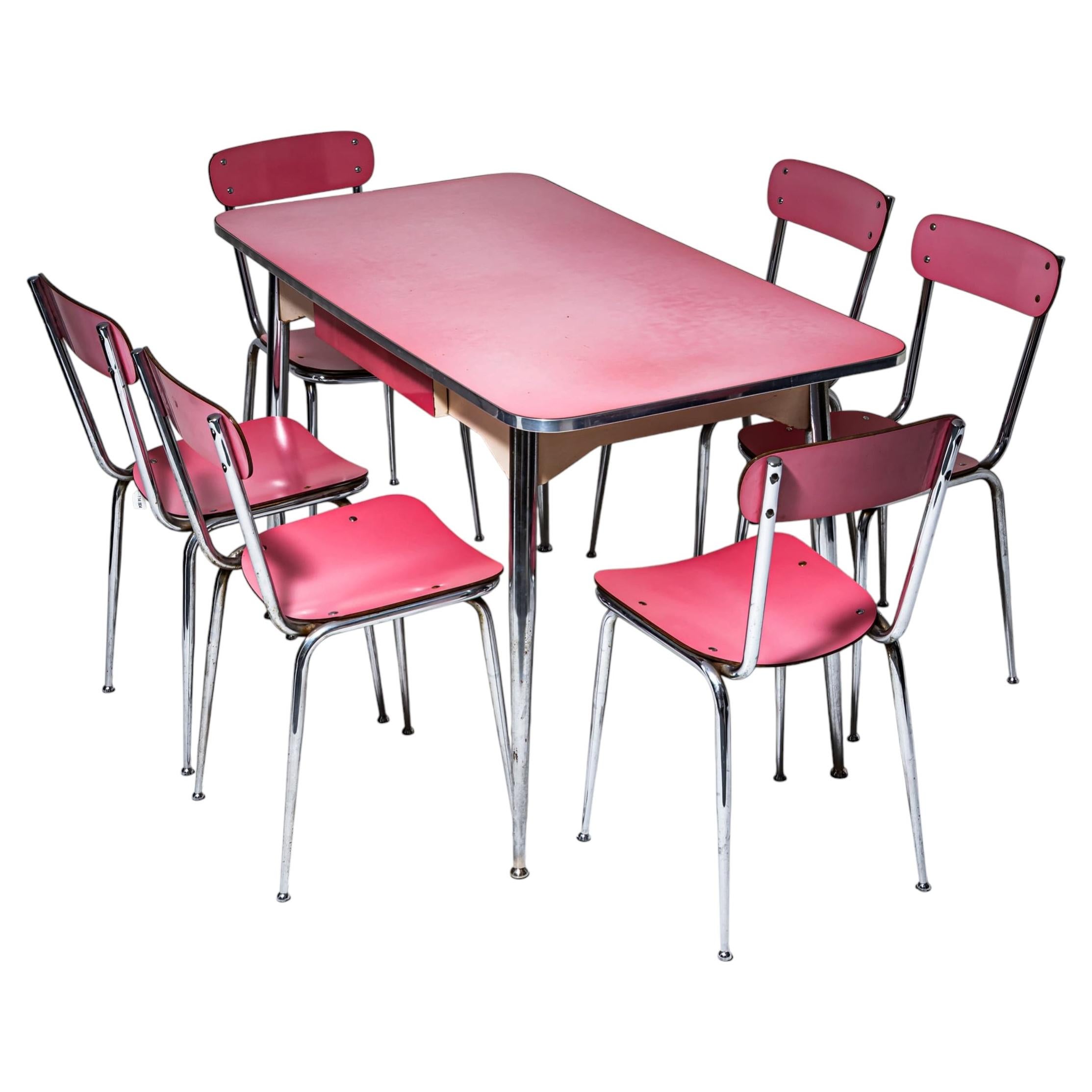 Pink Formica Dining Set, Table with Six Chairs, Italy, 1960s/70s