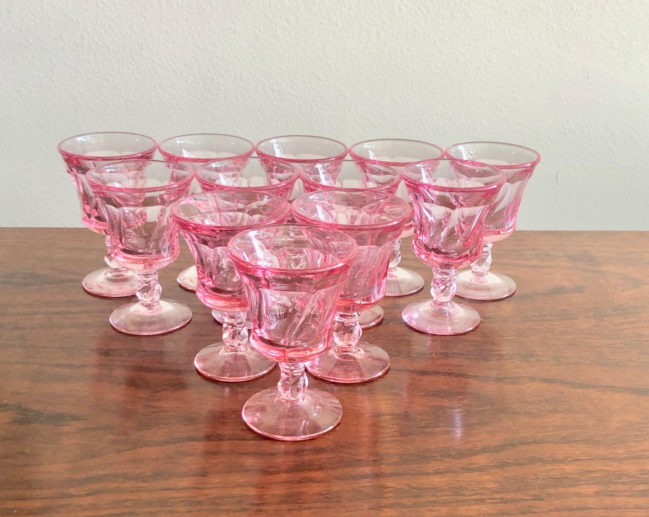 Set of 12 pink Fostoria cordial glasses / shot glass / liquor glass.
Photo pictured of cordial glass compared to a wine glass.