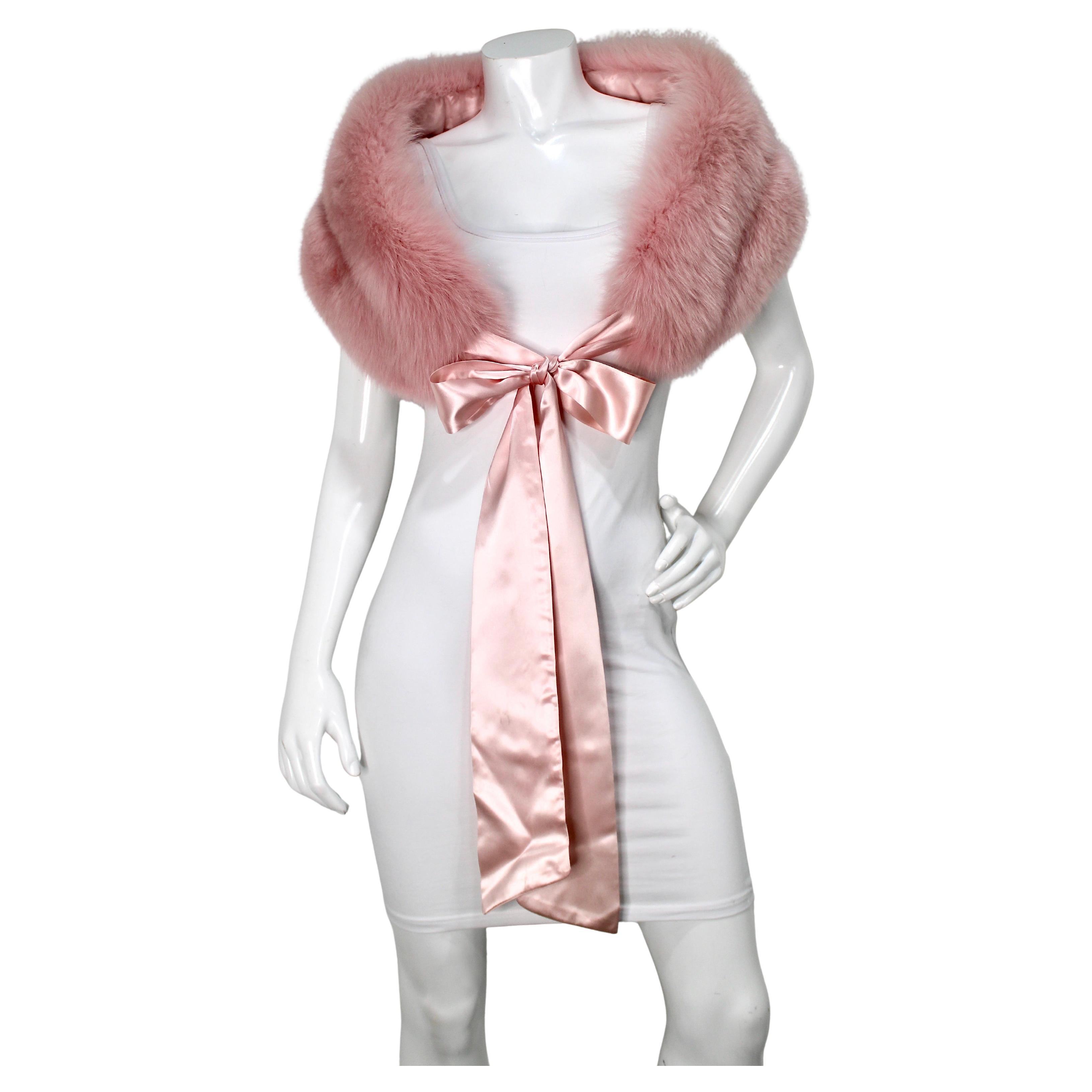 Pink Fox Fur Stole Shawl With Satin Ribbon