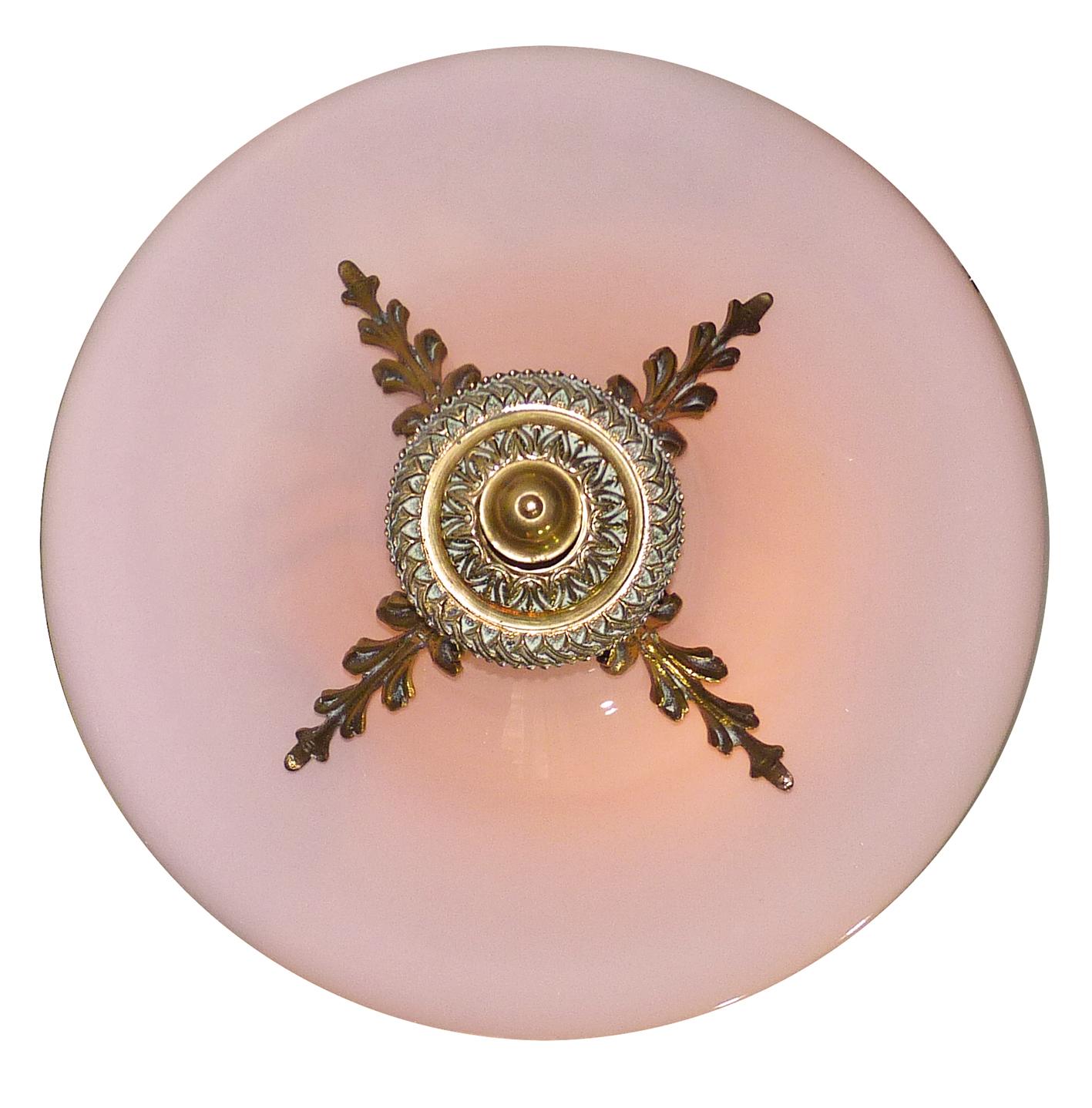 20th Century Pink French Art Deco Art Nouveau Bronze Opaline Glass Hanging Chandelier