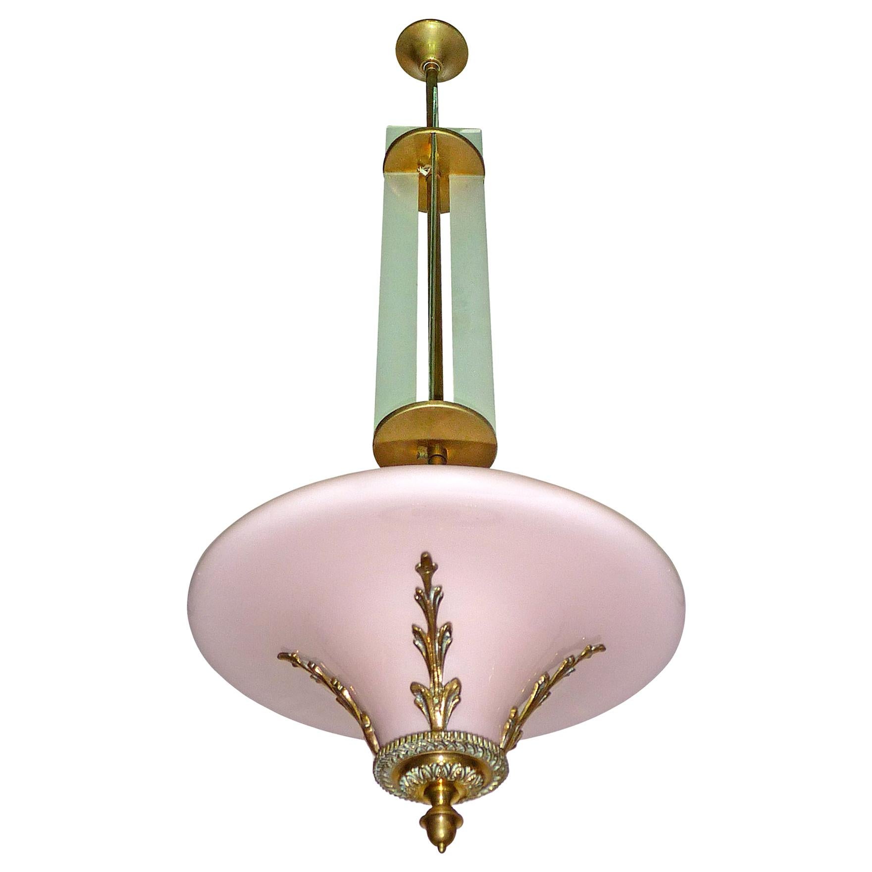 Pink French Art Deco Art Nouveau Bronze Opaline Glass Hanging Chandelier
