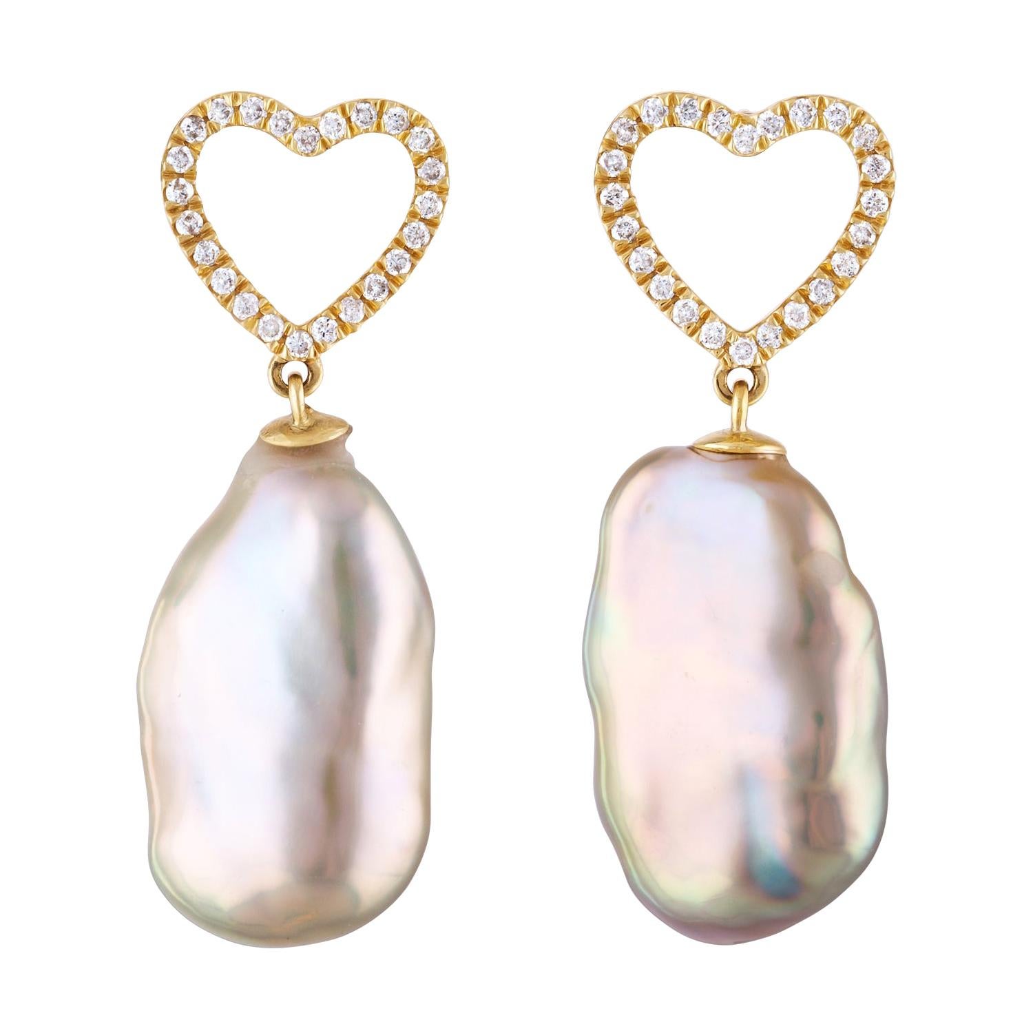 Pink Freshwater Baroque Pearl and Diamond Heart Shaped Earrings For Sale