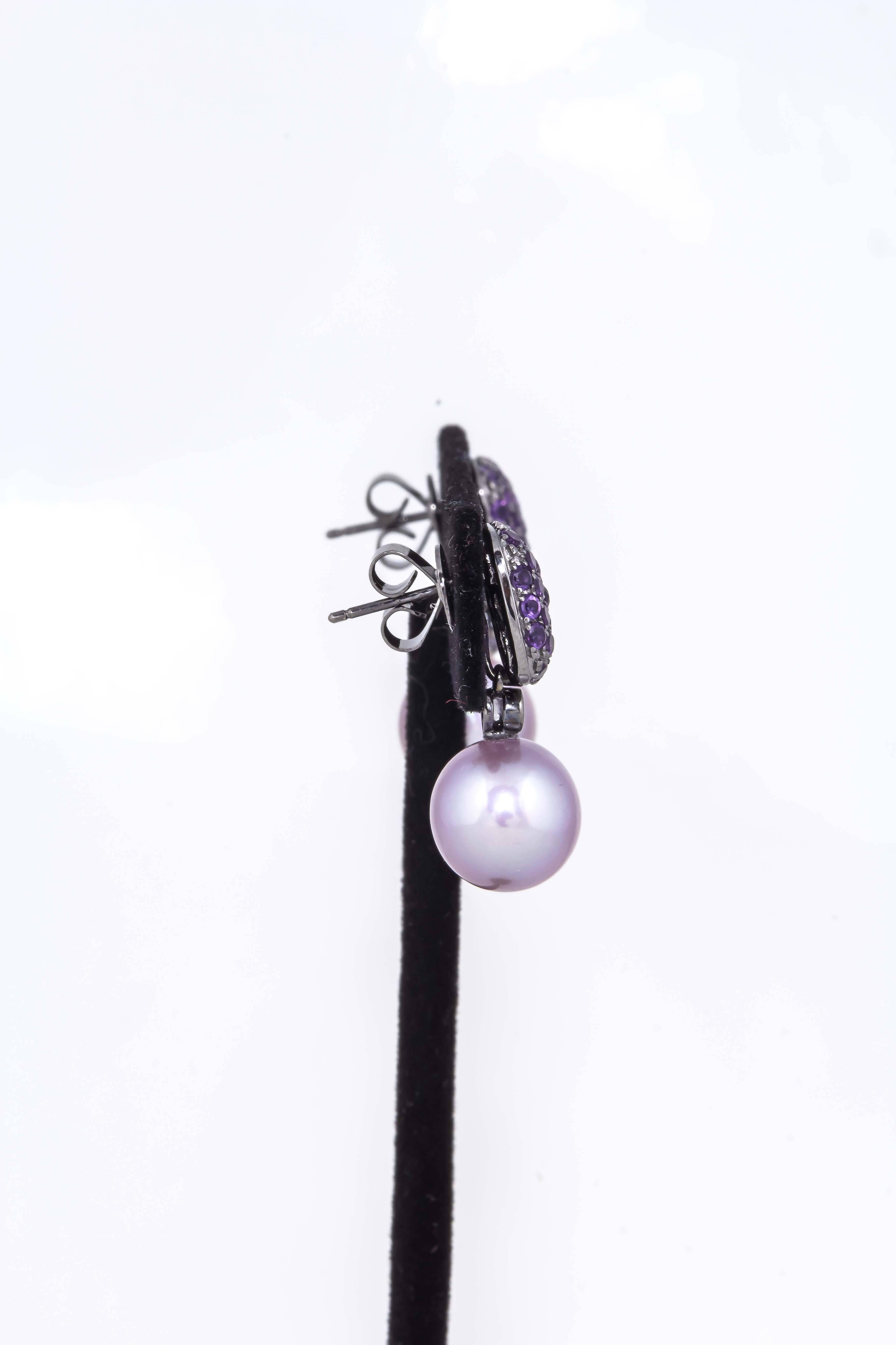 Pink Freshwater Pearl Amethyst Diamond Earrings In New Condition For Sale In New York, NY