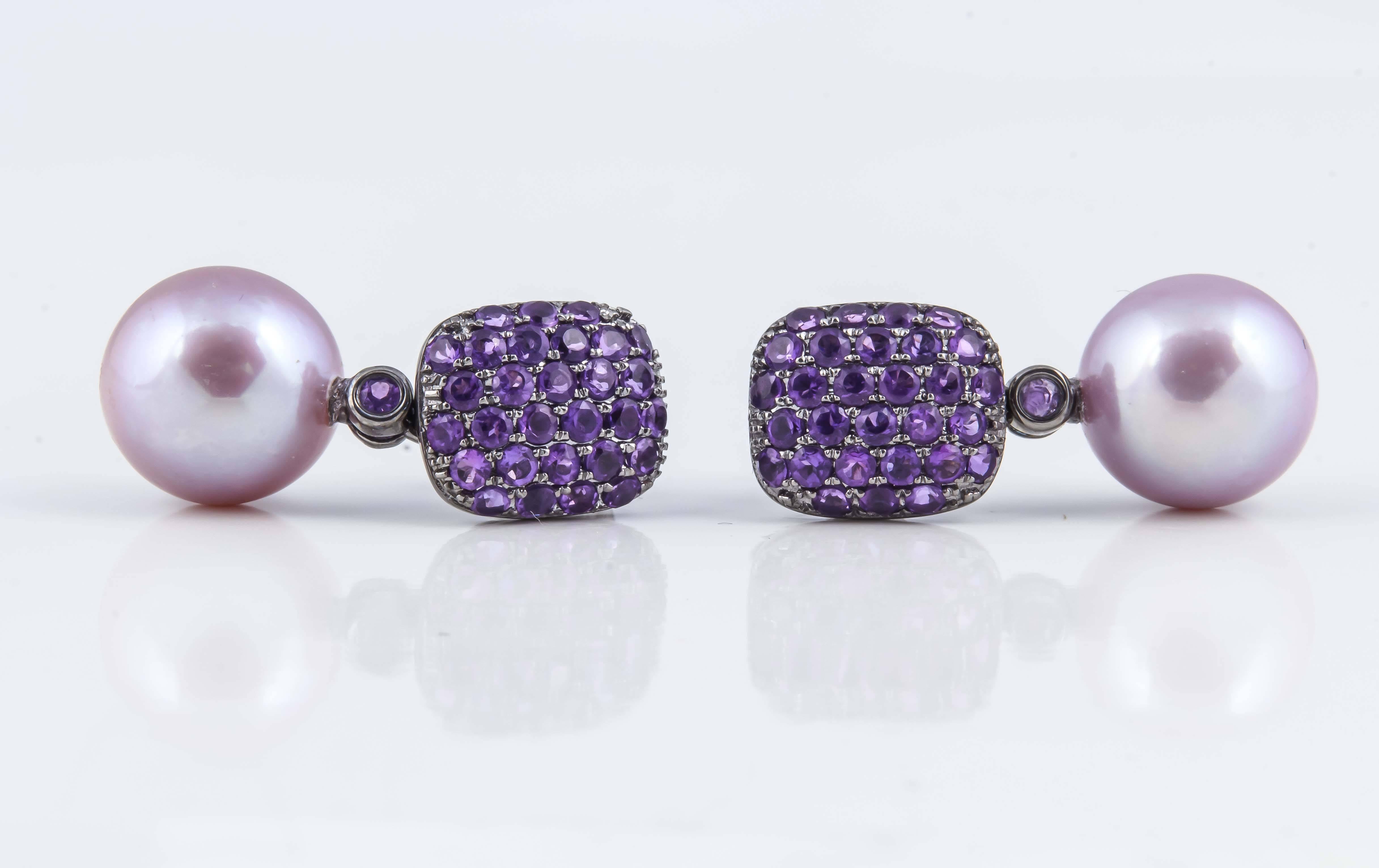 Pink Freshwater Pearl Amethyst Diamond Earrings For Sale 1