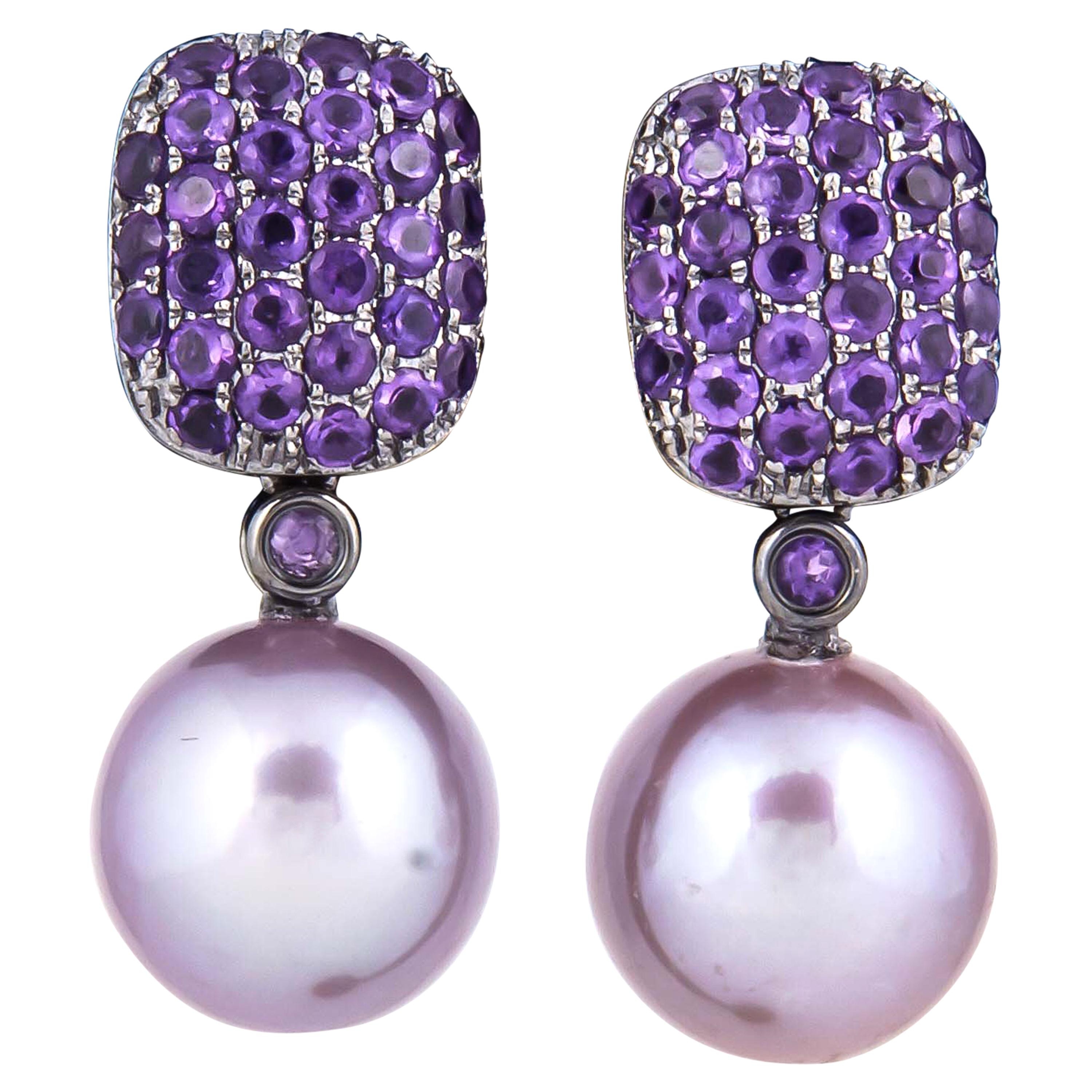 Pink Freshwater Pearl Amethyst Diamond Earrings For Sale