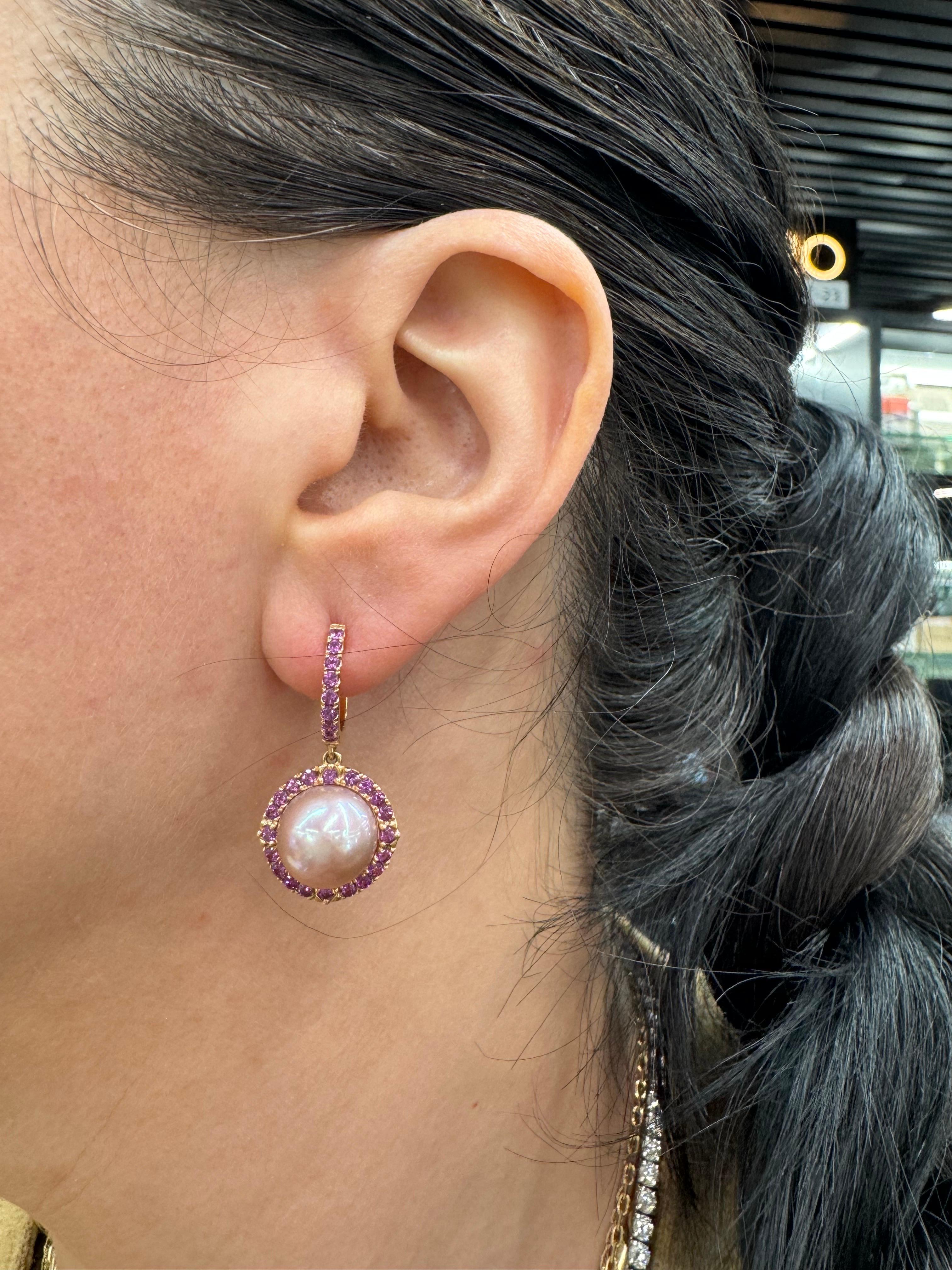 Taglio rotondo Orecchini con perle d'acqua dolce rosa e ametista 1,60 carati in oro rosa 18KT 11-12 MM in vendita