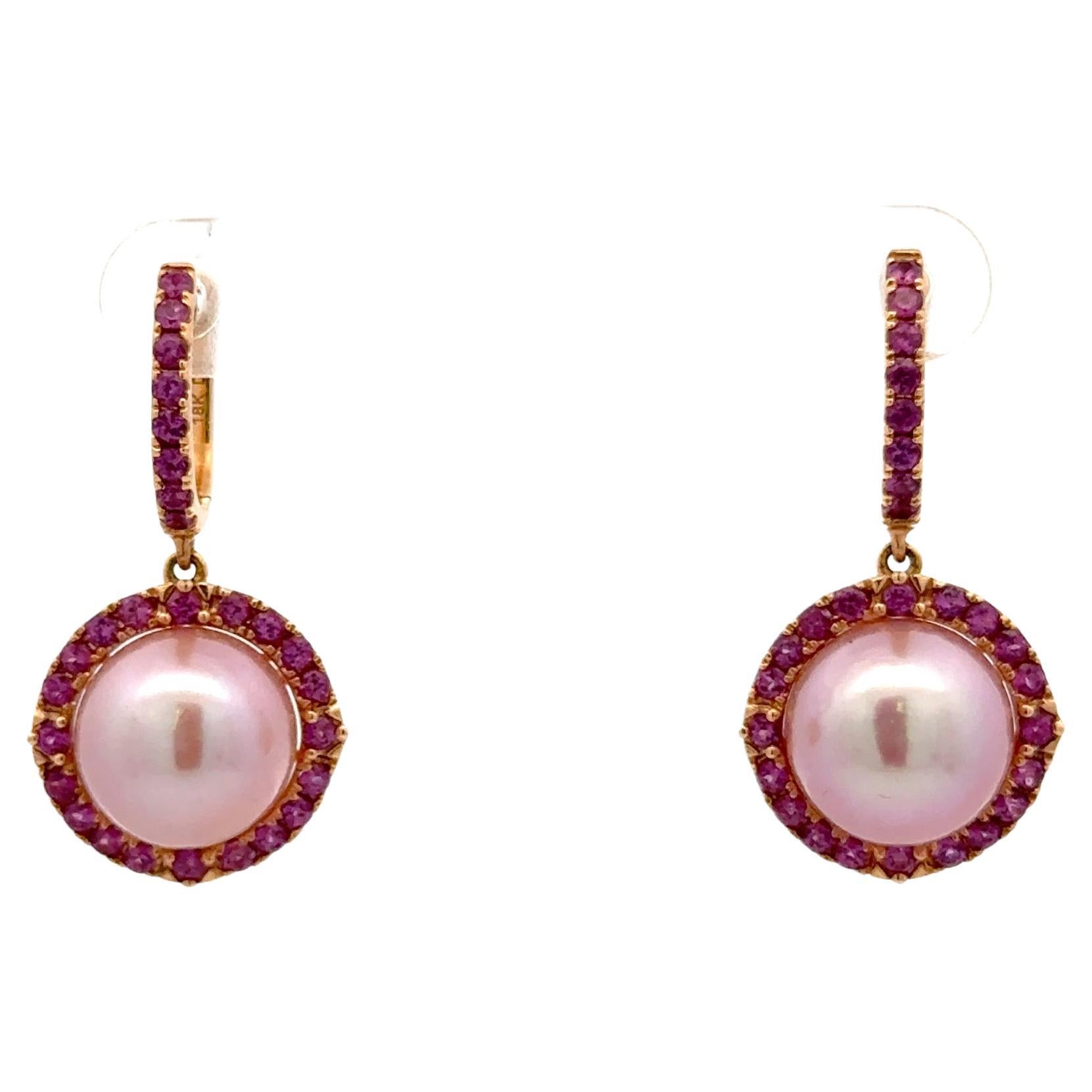 Pink Freshwater Pearl Amethyst Drop Earrings 1.60 Carats 18KT Rose Gold 11-12 MM