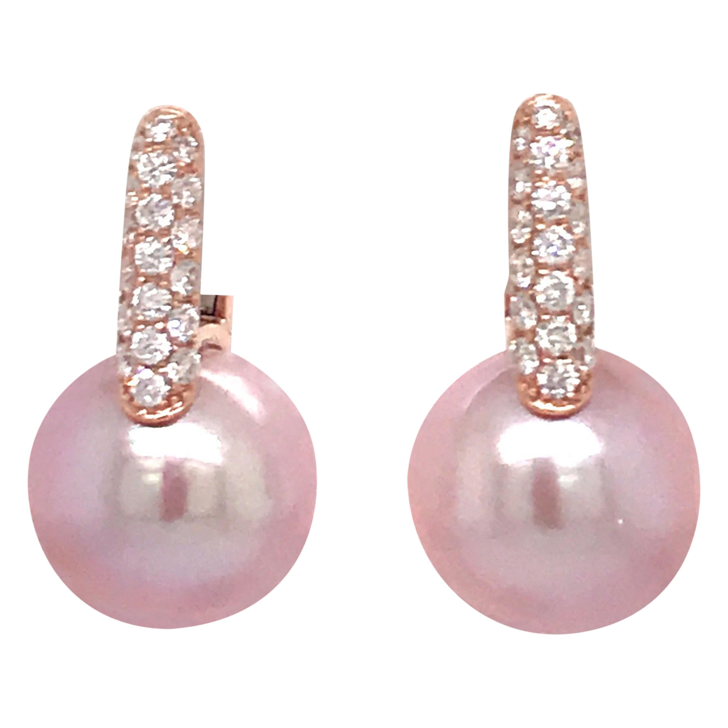 Pink Freshwater Pearl Diamond Drop Earrings 0.61 Carats 18KT Rose Gold 12-13 MM For Sale