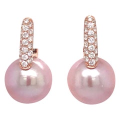 Pink Freshwater Pearl Diamond Drop Earrings 0.61 Carats 18KT Rose Gold 12-13 MM