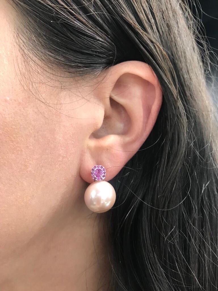 Women's Pink Freshwater Pearl and Pink Sapphire Drop Earrings 14-15 MM 0.80 Carats For Sale