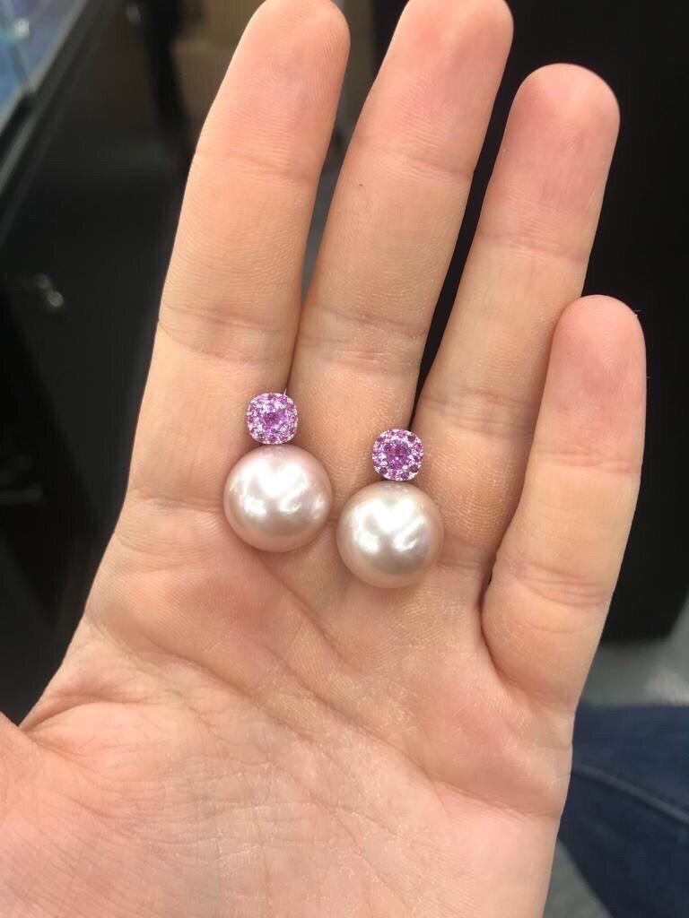 Pink Freshwater Pearl and Pink Sapphire Drop Earrings 14-15 MM 0.80 Carats For Sale 1