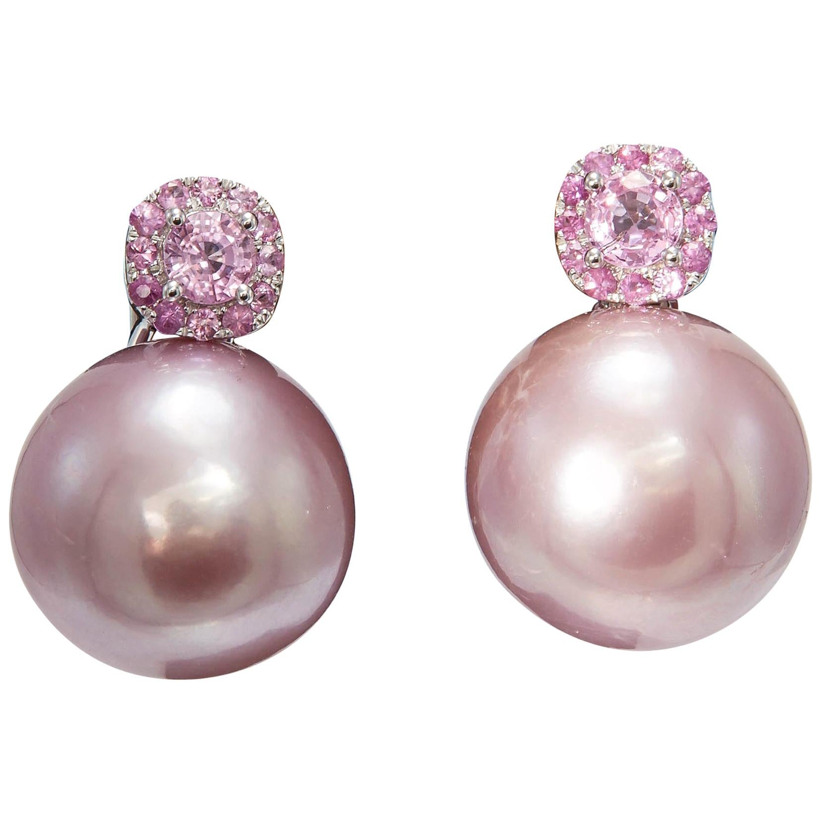 Pink Freshwater Pearl and Pink Sapphire Drop Earrings 14-15 MM 0.80 Carats For Sale