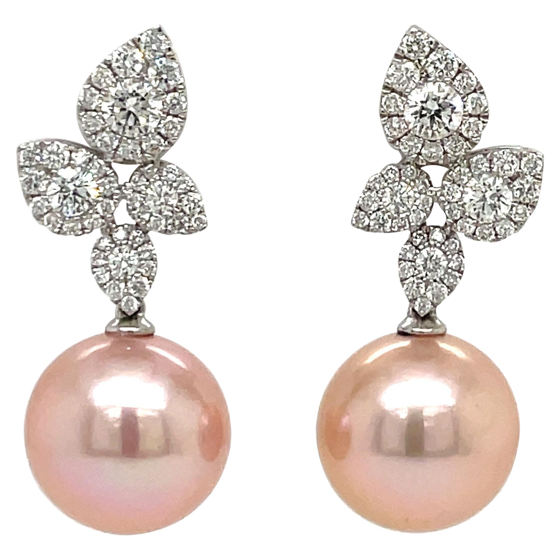 Pink Freshwater Pearl Diamond Cluster Leaf Earrings 1.05 Carat 11-12MM 18KT For Sale 1