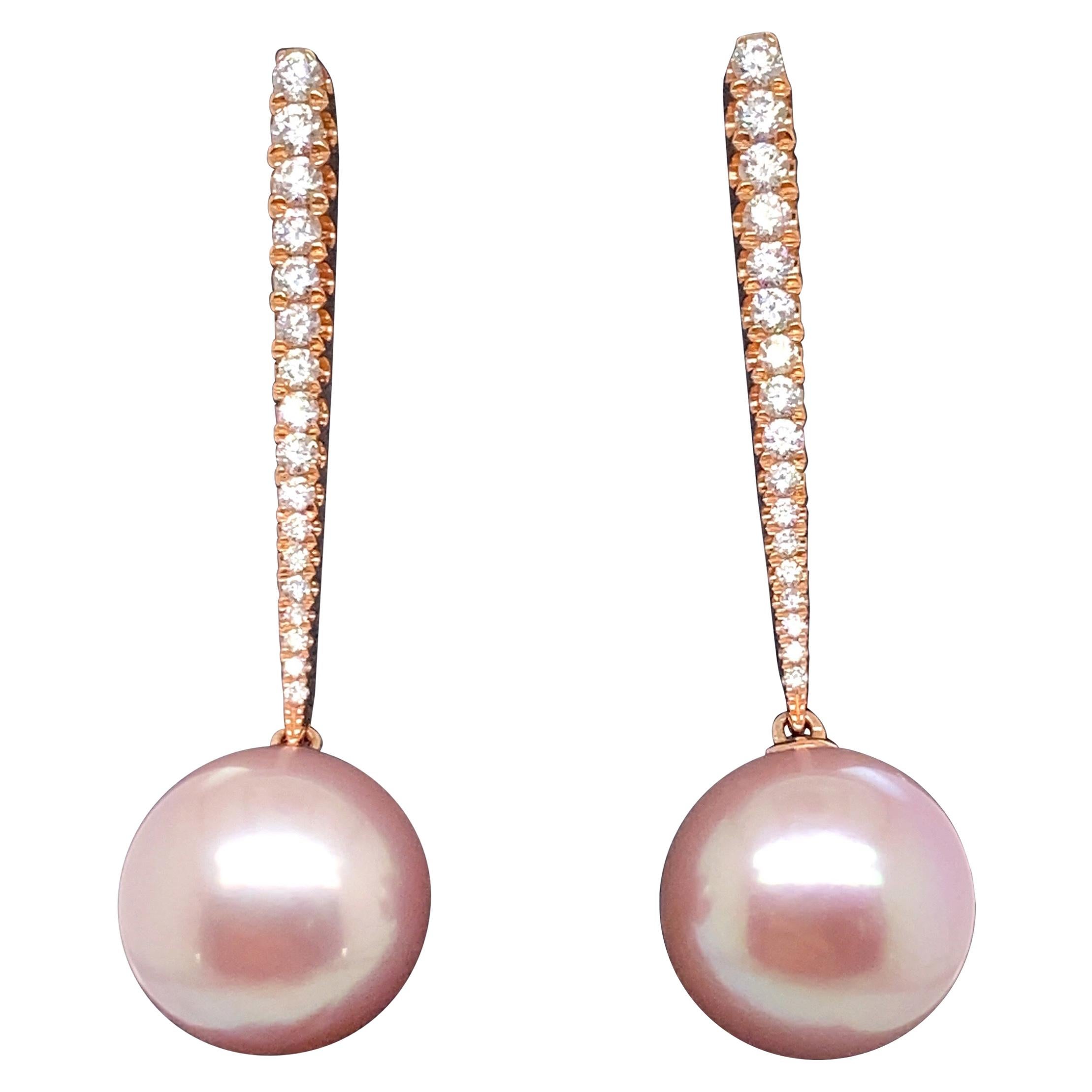 Pink Freshwater Pearl Diamond Drop Earrings 0.43 Carat 18 Karat Rose Gold