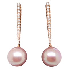 Pink Freshwater Pearl Diamond Drop Earrings 0.43 Carat 18 Karat Rose Gold