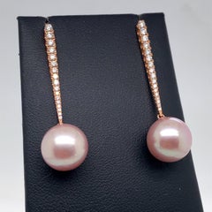 Pink Freshwater Pearl Diamond Drop Earrings 0.43 Carat 18 Karat Rose Gold