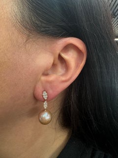 Pink Freshwater Pearl Diamond Drop Earrings 0.45 Carats 11-12 MM 18KT Rose Gold