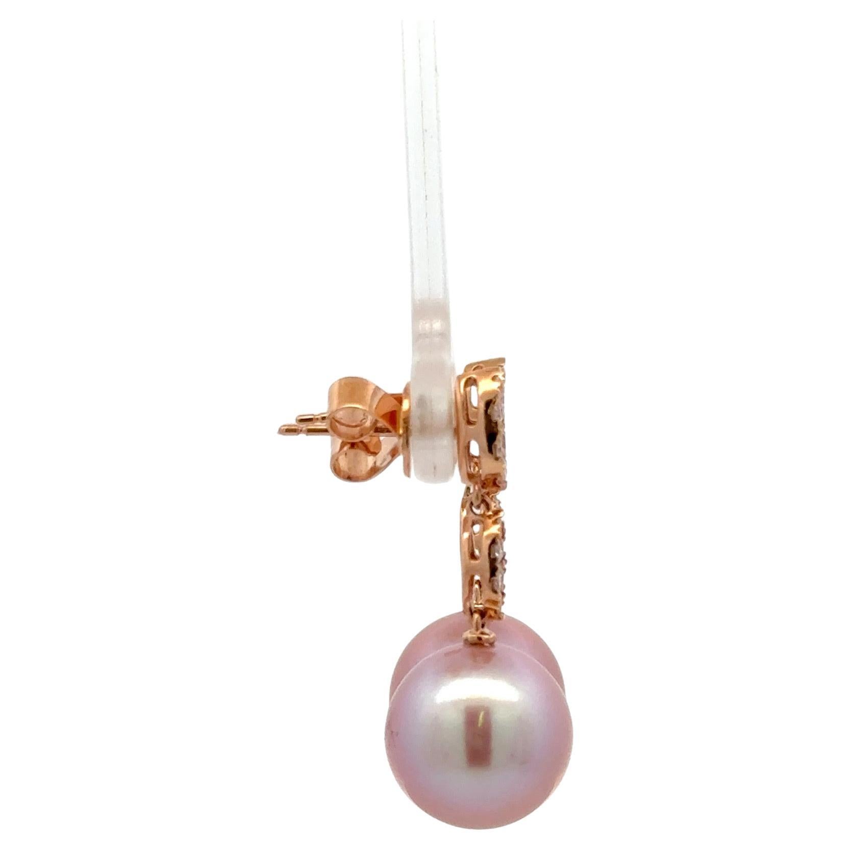 Contemporary Pink Freshwater Pearl Diamond Drop Earrings 0.45 Carats 11-12 MM 18KT Rose Gold For Sale