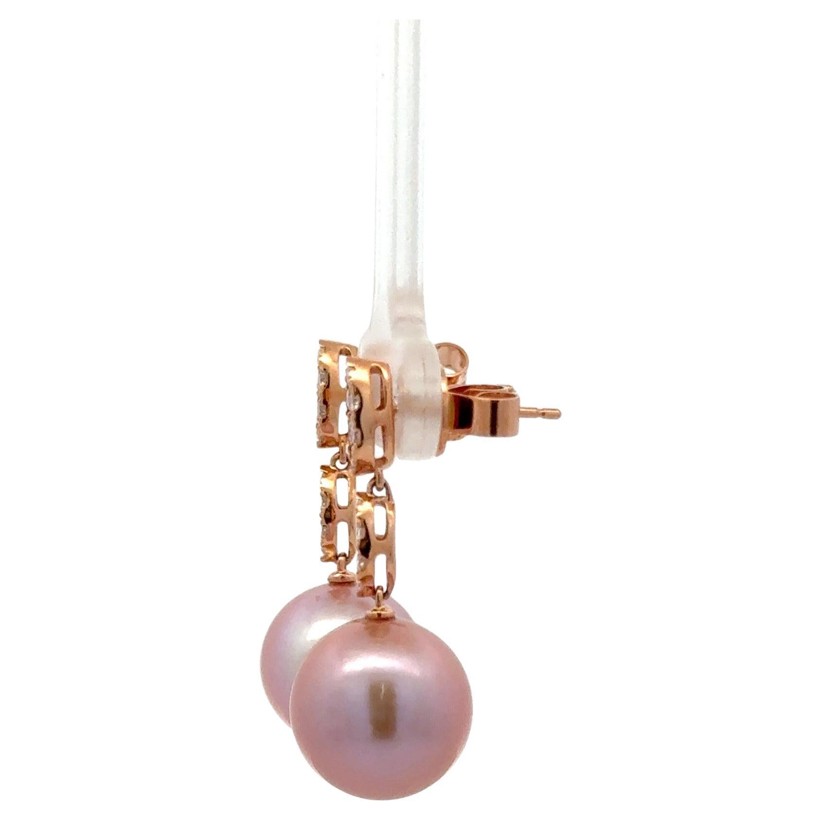Round Cut Pink Freshwater Pearl Diamond Drop Earrings 0.45 Carats 11-12 MM 18KT Rose Gold For Sale