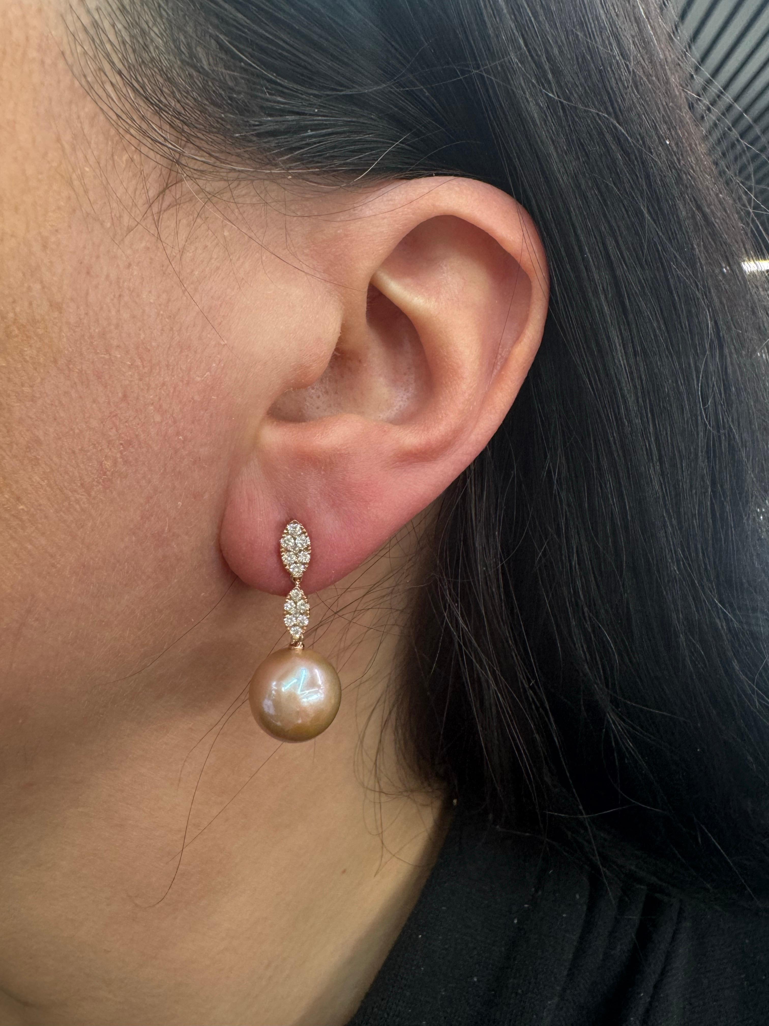 Pink Freshwater Pearl Diamond Drop Earrings 0.45 Carats 11-12 MM 18KT Rose Gold In New Condition For Sale In New York, NY