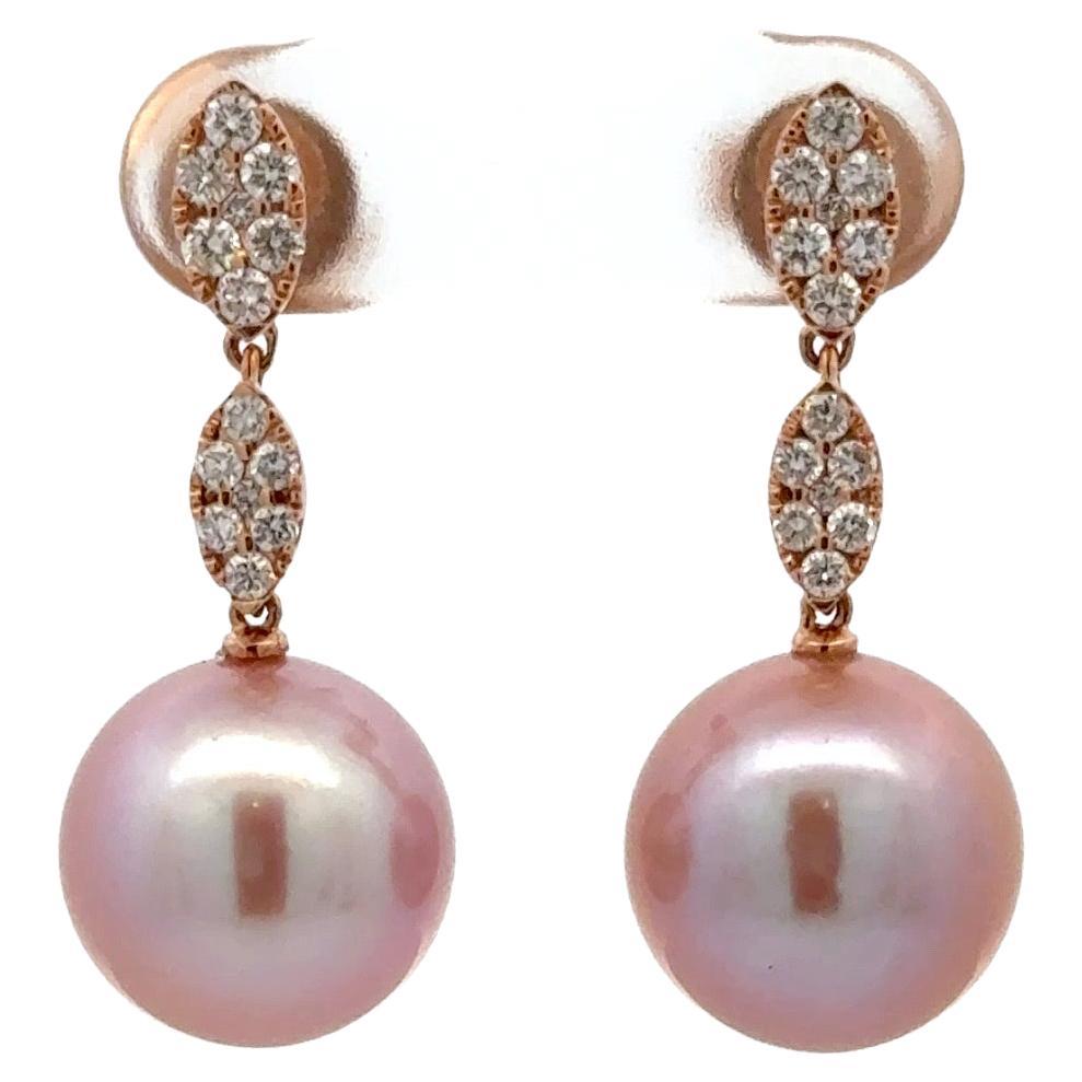Pink Freshwater Pearl Diamond Drop Earrings 0.45 Carats 11-12 MM 18KT Rose Gold