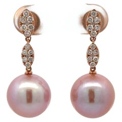 Orecchini a goccia con diamanti e perle d'acqua dolce rosa 0,45 carati 11-12 mm in oro rosa 18KT
