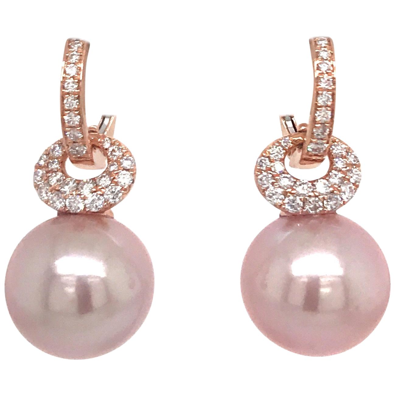 Pink Freshwater Pearl Diamond Drop Earrings 0.57 Carat 18 Karat Rose Gold For Sale