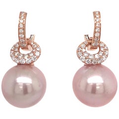 Pink Freshwater Pearl Diamond Drop Earrings 0.57 Carat 18 Karat Rose Gold