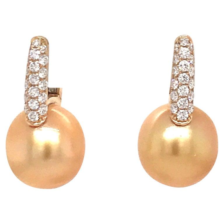 Round Cut Pink Freshwater Pearl Diamond Drop Earrings 0.61 Carats 18KT Rose Gold 12-13 MM For Sale