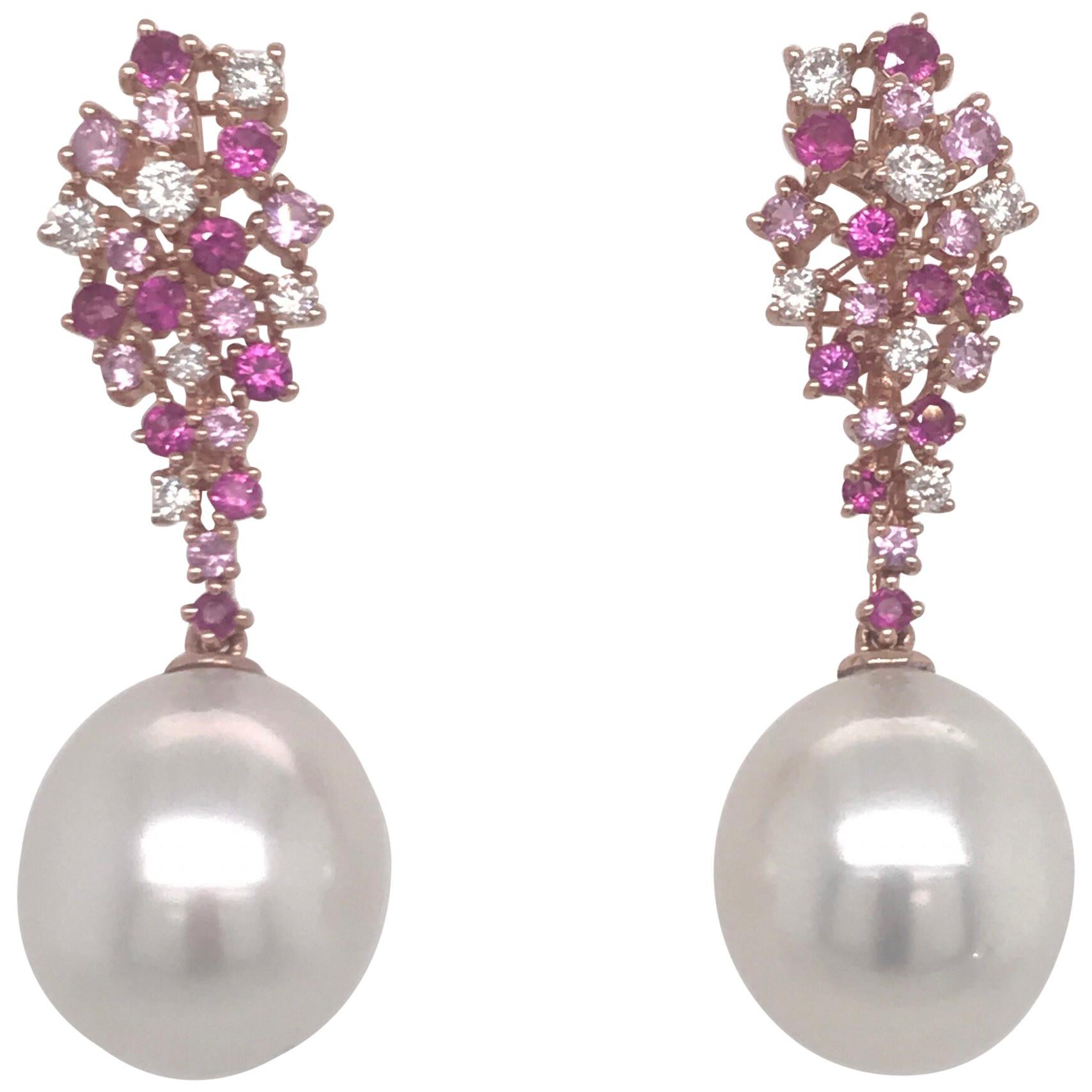 Pink Freshwater Pearl Diamond Sapphire Earrings 1.41 Carat 18 Karat