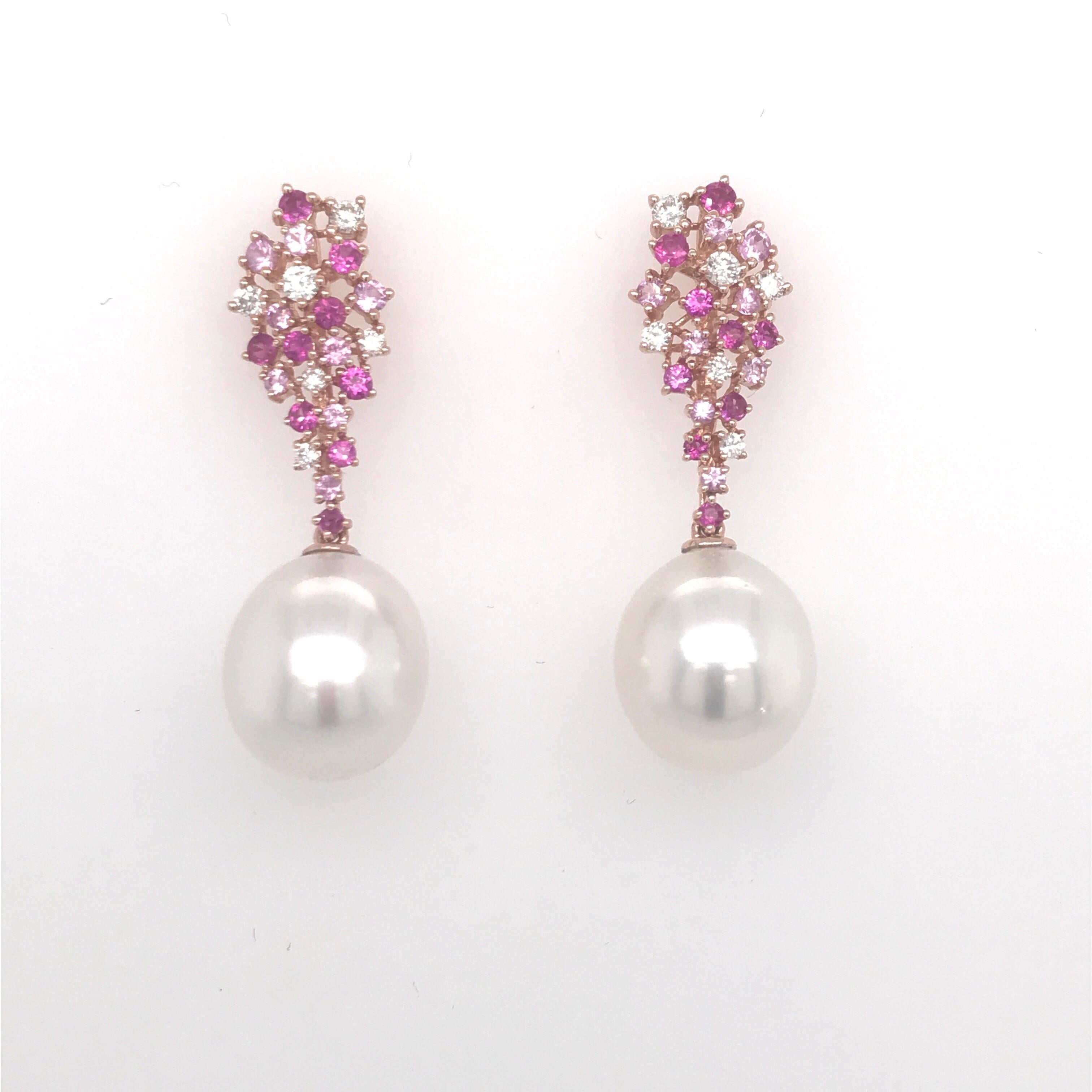 Contemporary Pink Freshwater Pearl Diamond Sapphire Earrings 1.41 Carat 18 Karat