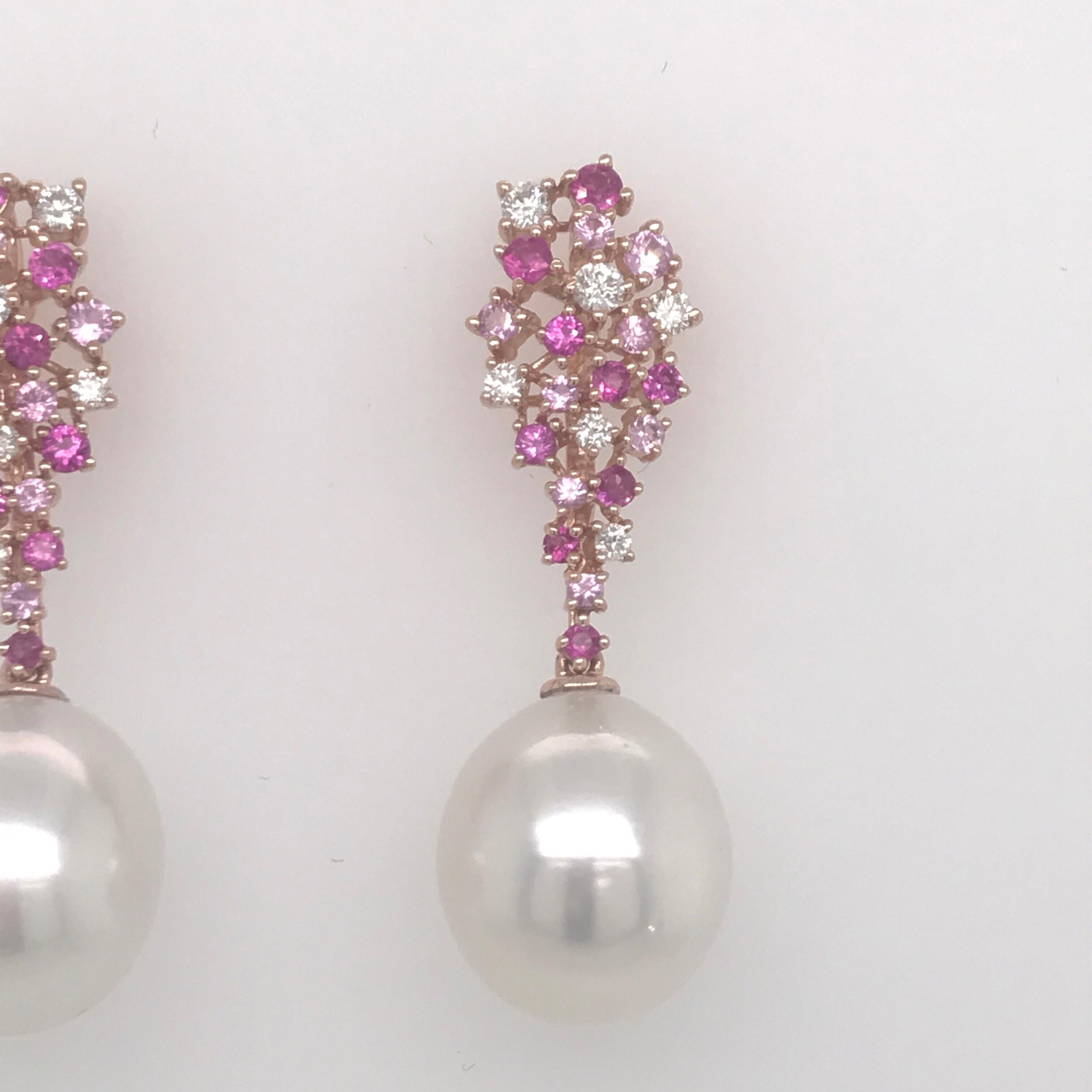 Round Cut Pink Freshwater Pearl Diamond Sapphire Earrings 1.41 Carat 18 Karat