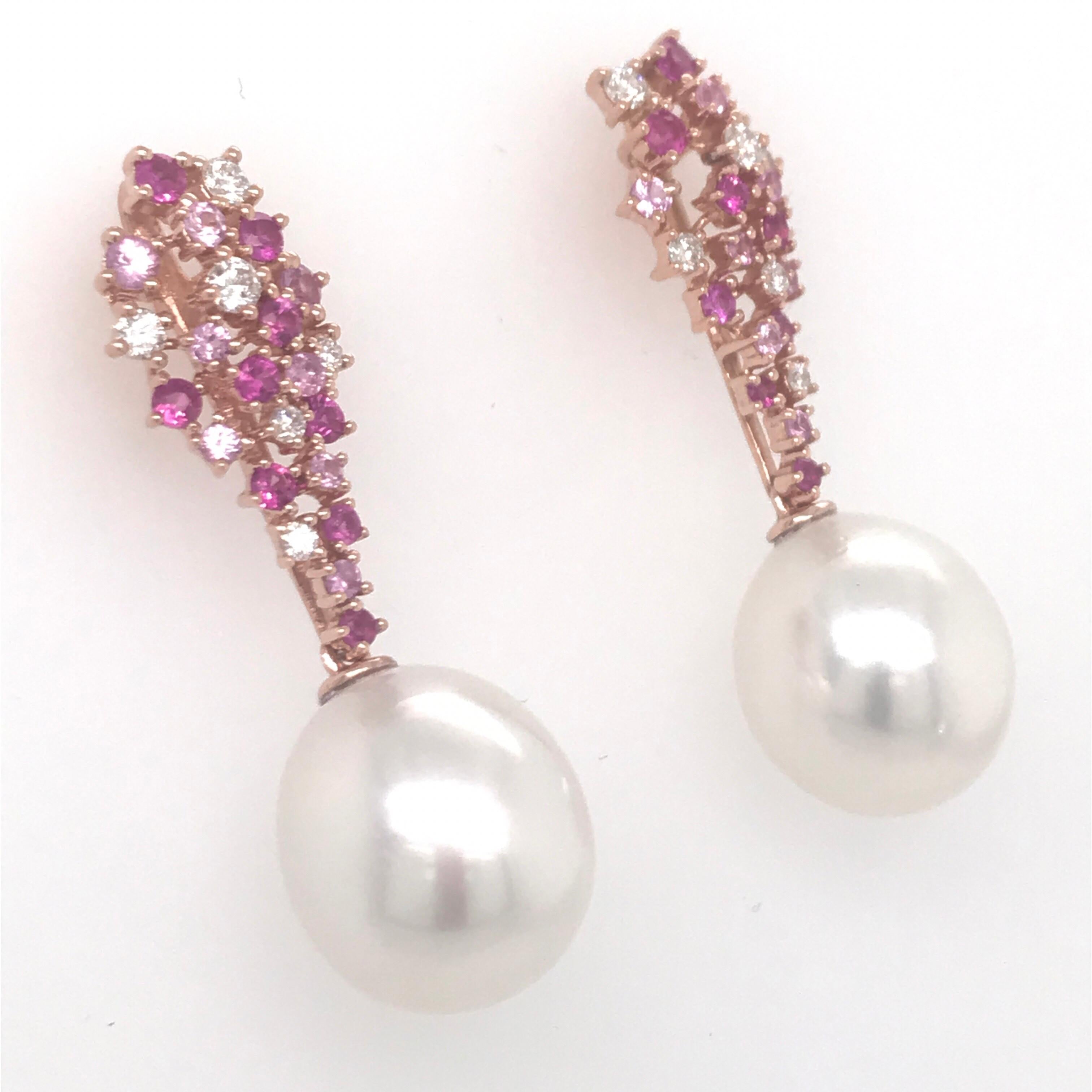 Pink Freshwater Pearl Diamond Sapphire Earrings 1.41 Carat 18 Karat In New Condition In New York, NY